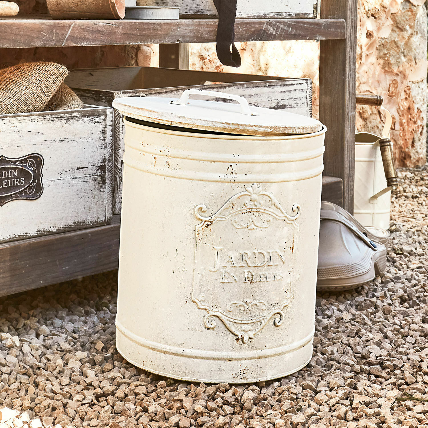 Abfalleimer Towson Metallbehälter in Creme mit Schriftzug Jardin, dekorativ und praktisch für den Garten