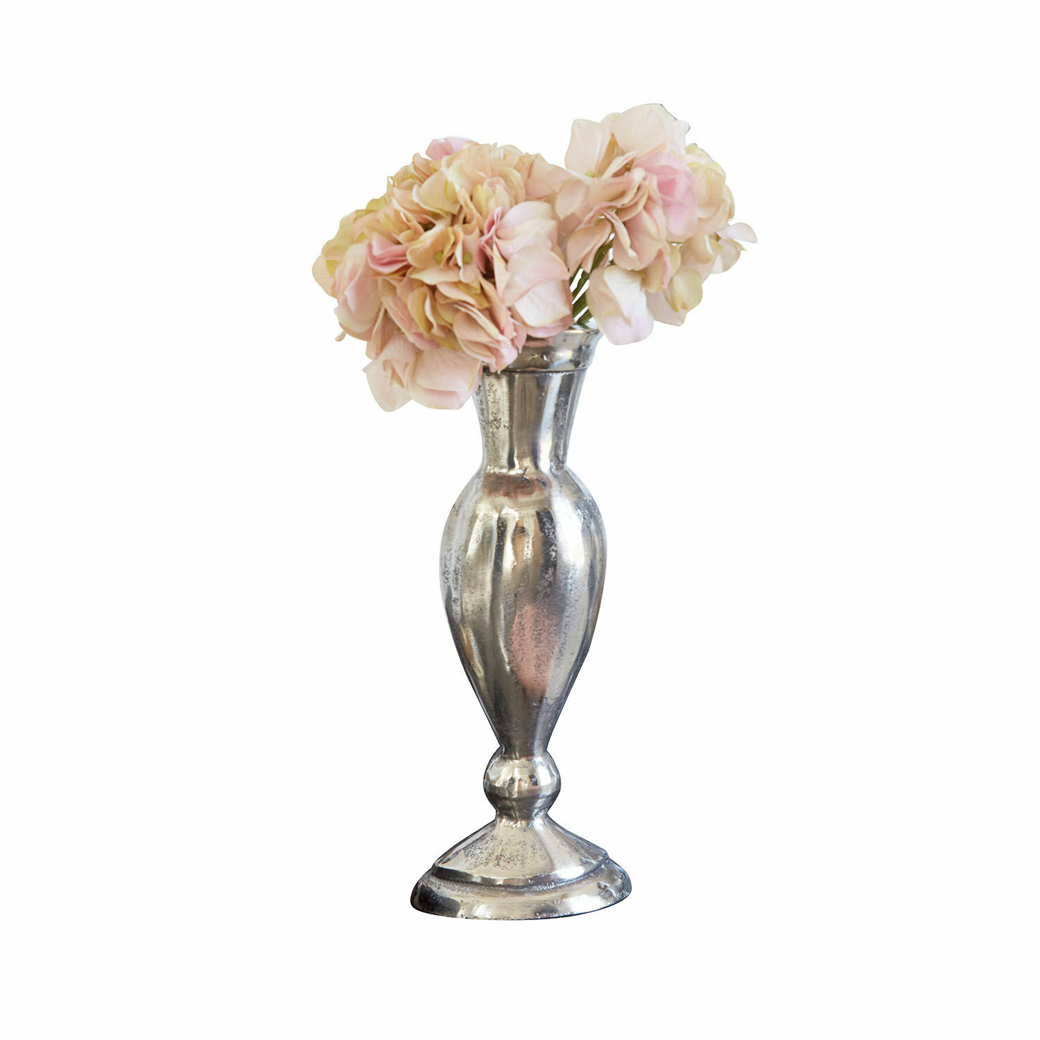 Vase Carvella Silberne Metallvase mit rosa Dekoblumen für Tisch oder Regal
