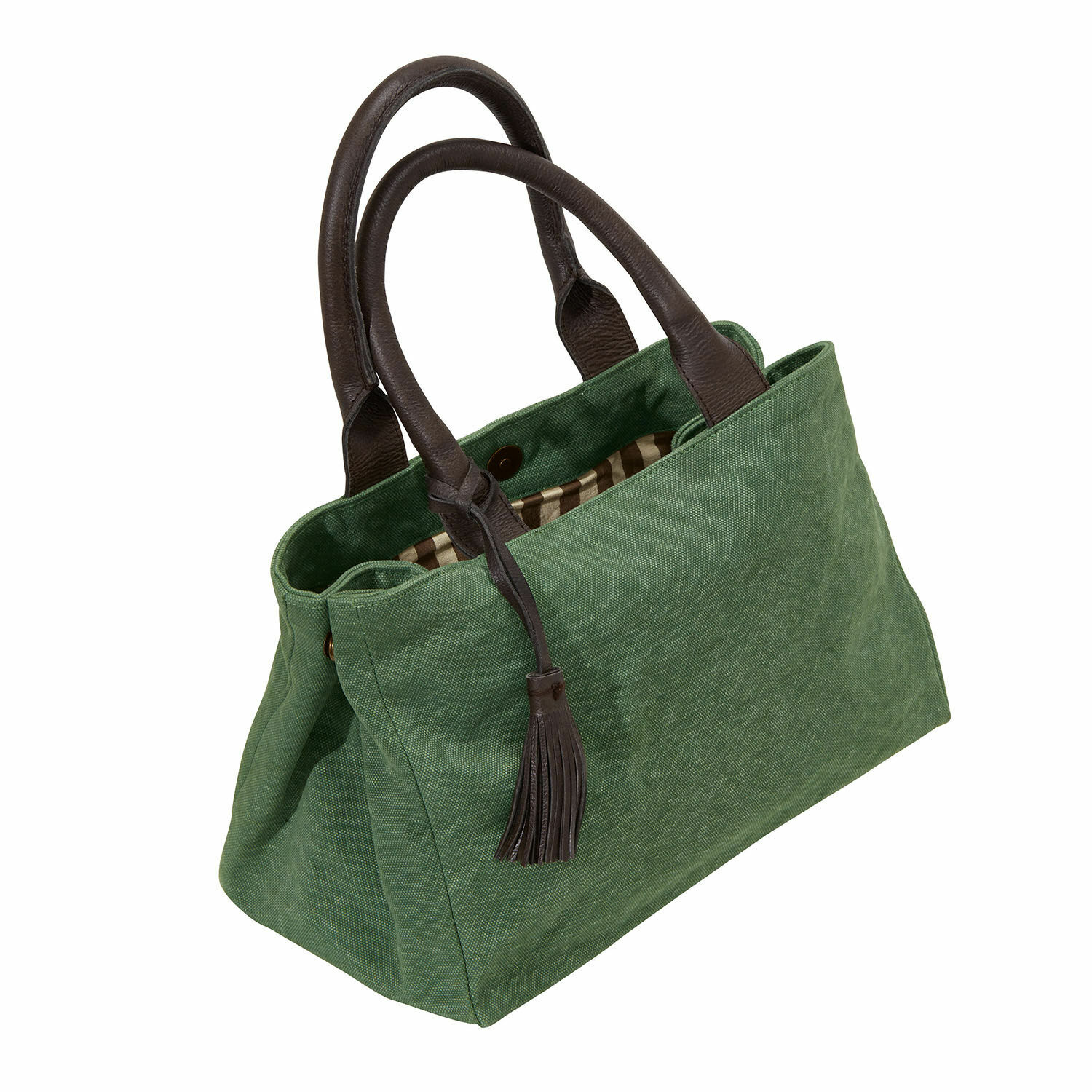 Tasche Hoya Grüne Stofftasche mit braunen Ledergriffen und Quaste, modisches Accessoire für den Alltag