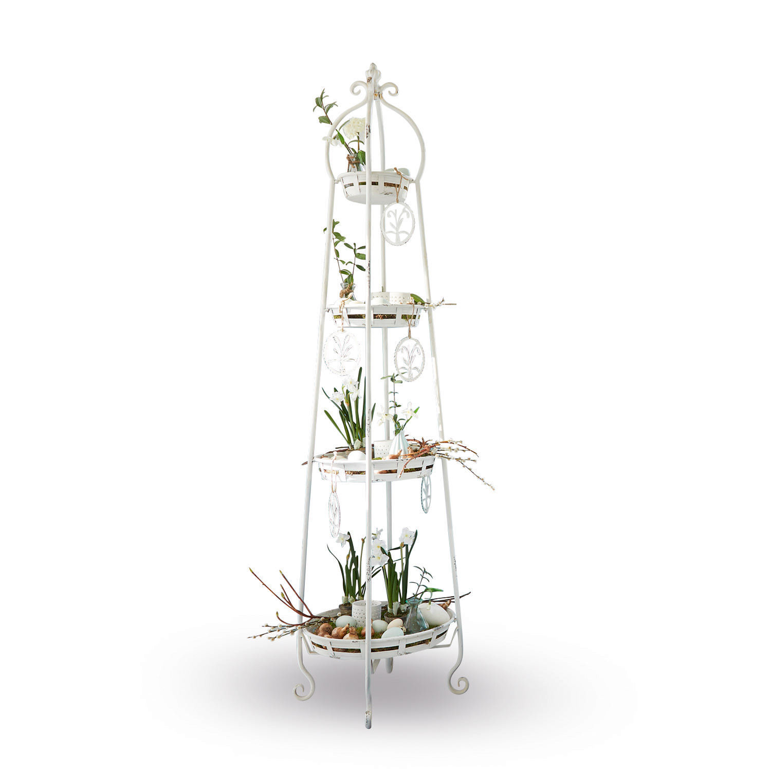 Etagere Ipas Weißer Metall-Gartenständer mit drei Ablagen und Blumen-Dekorationen für Haus und Garten