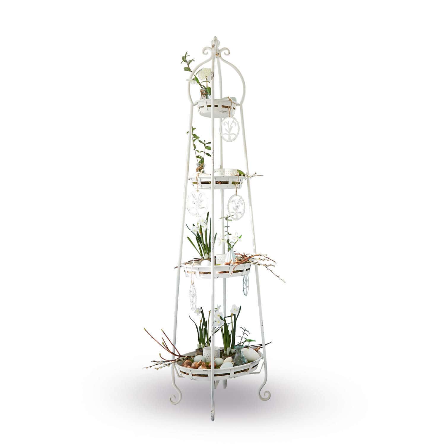 Etagere Ipas Weißer Metall-Gartenständer mit drei Ablagen und Blumen-Dekorationen für Haus und Garten