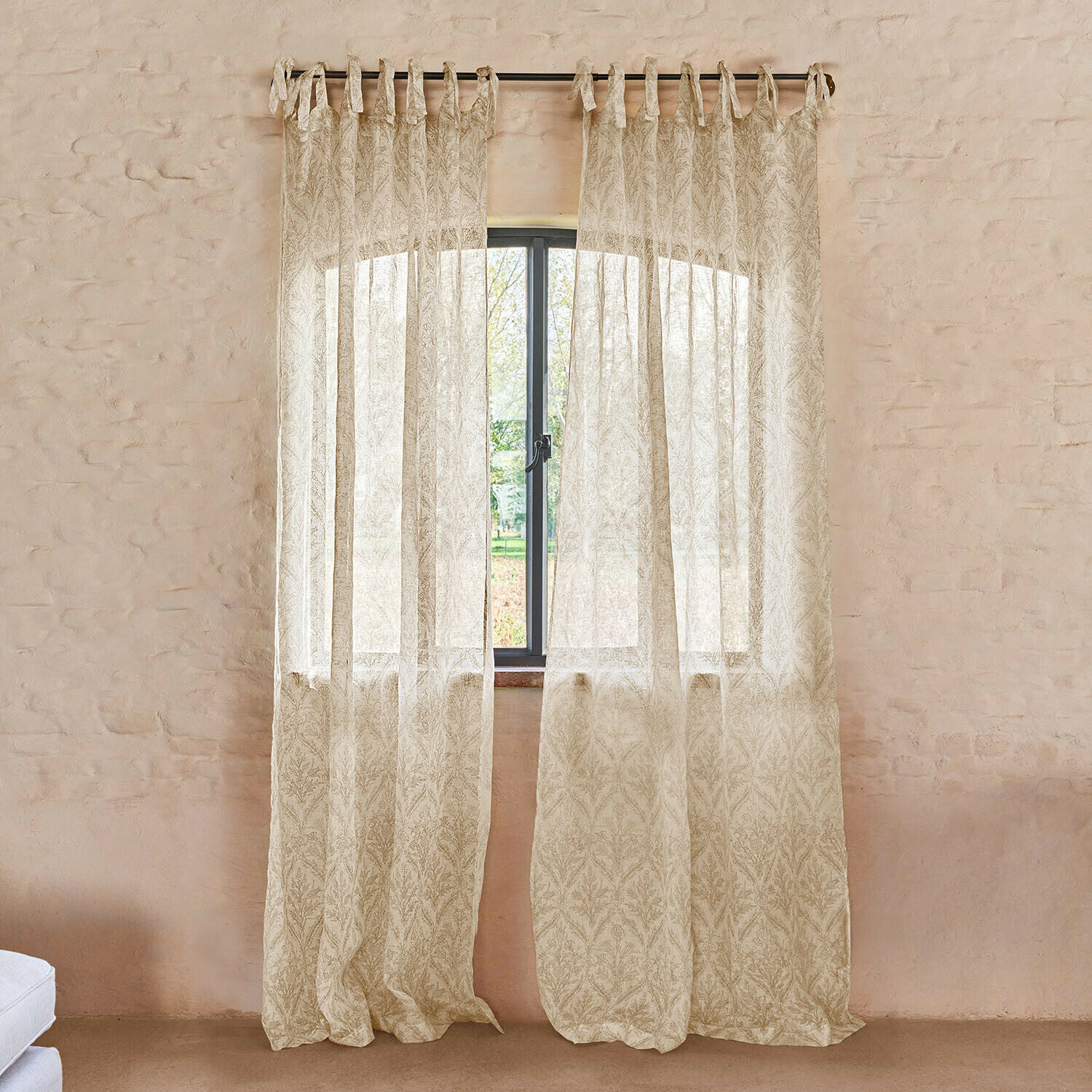 Gardine Féliciane Beige, leichter Vorhang mit zartem Blattmuster aus transparentem Stoff für Fensterdekoration