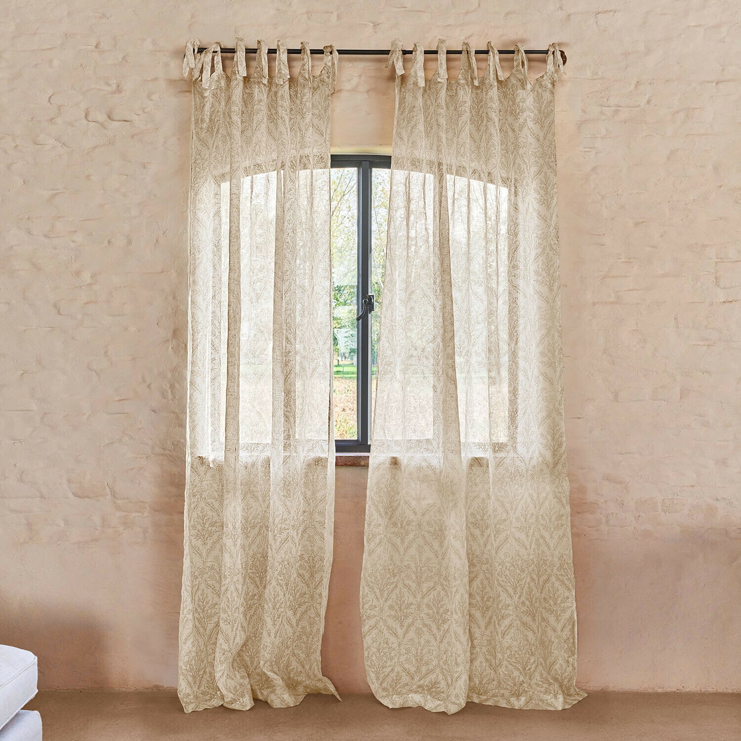 Gardine Féliciane Beige, leichter Vorhang mit zartem Blattmuster aus transparentem Stoff für Fensterdekoration