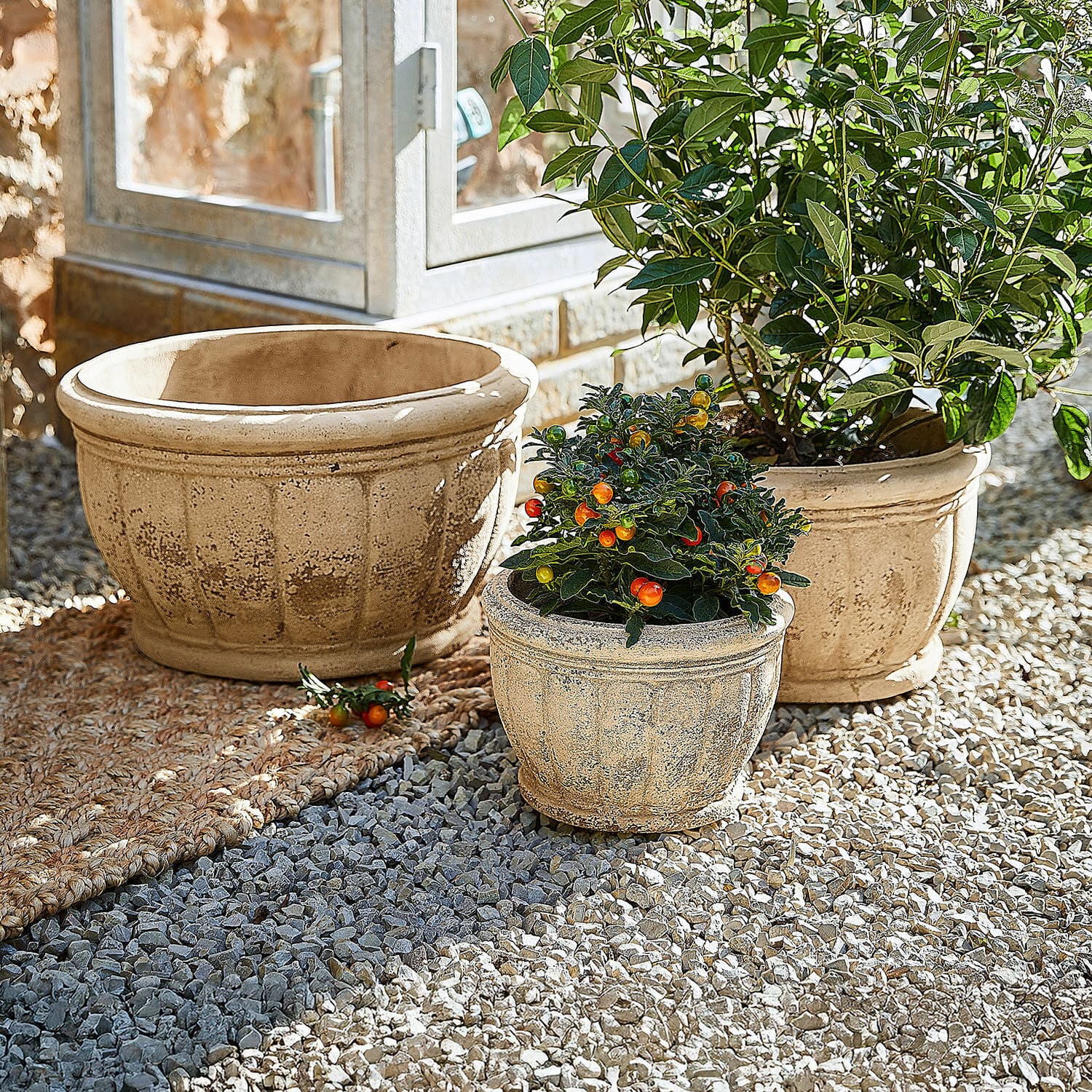 Übertopf 3er Set Jalexin Drei beige Terrakotta-Blumentöpfe auf Kies, zwei mit dekorativen Pflanzen und bunten Früchten