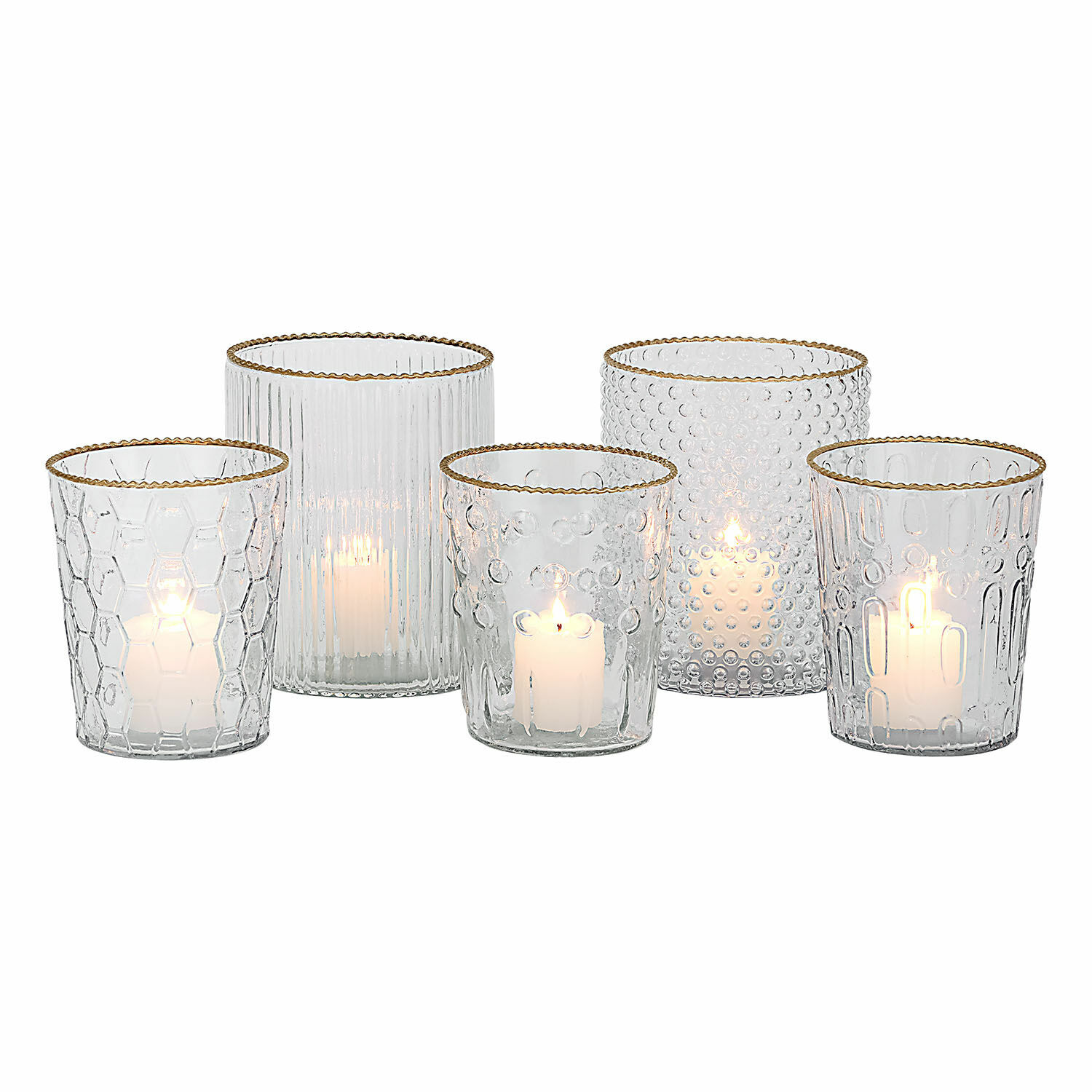 Windlicht 5er Set Rosienne Set aus 5 Glas-Teelichthaltern mit goldenem Rand und verschiedenen Glasstrukturen für Wohnraumdeko