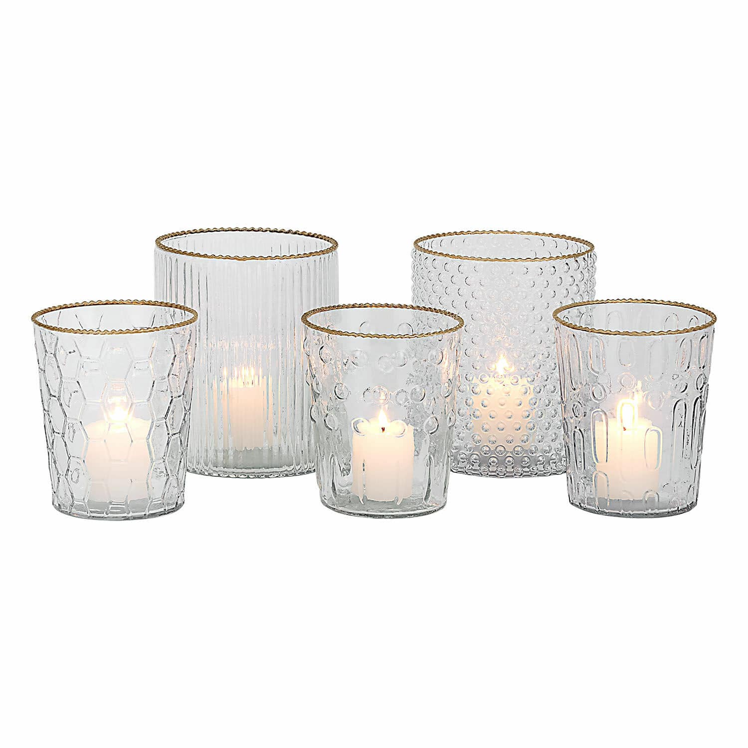 Windlicht 5er Set Rosienne Set aus 5 Glas-Teelichthaltern mit goldenem Rand und verschiedenen Glasstrukturen für Wohnraumdeko