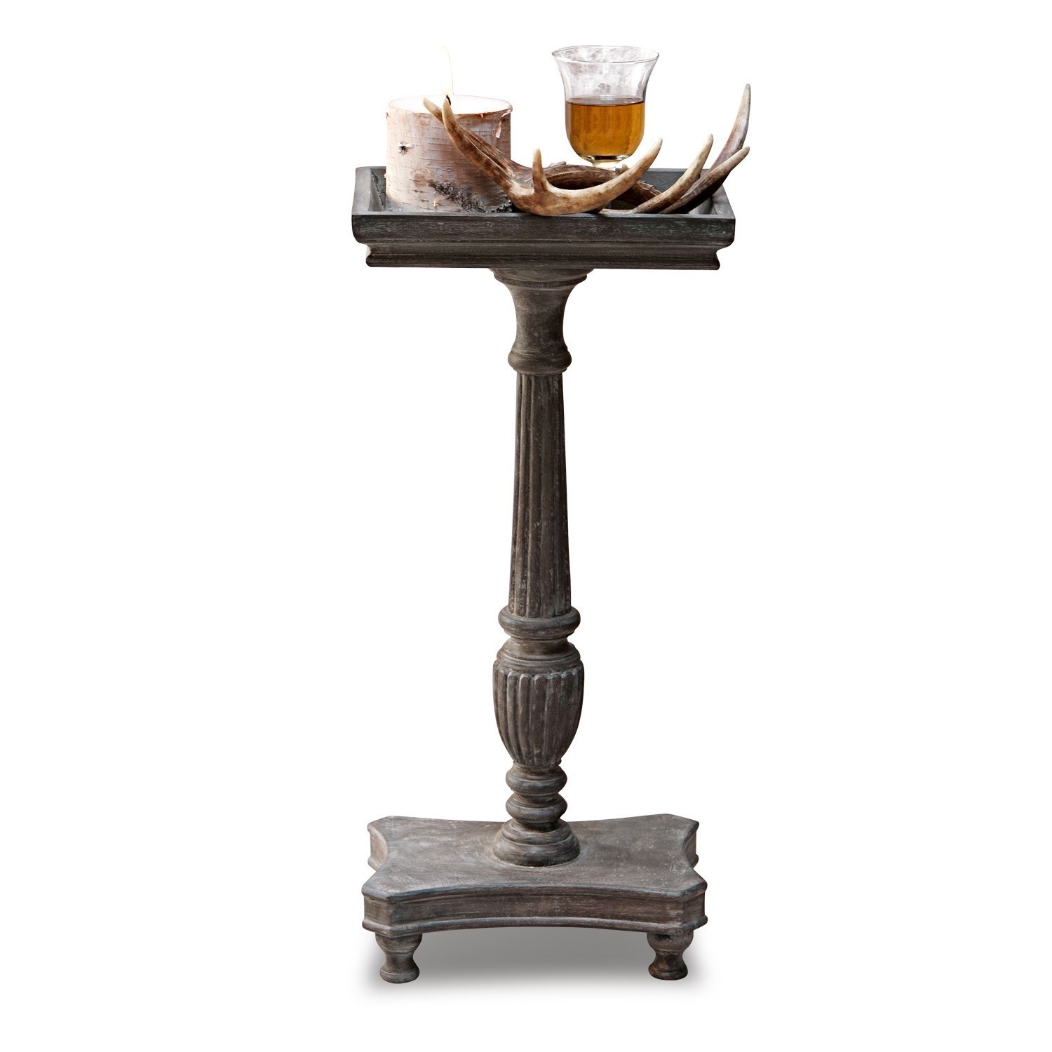 antikgrau Graubrauner Beistelltisch Caren aus Holz mit Kerze und Geweih-Dekor, Vintage-Stil