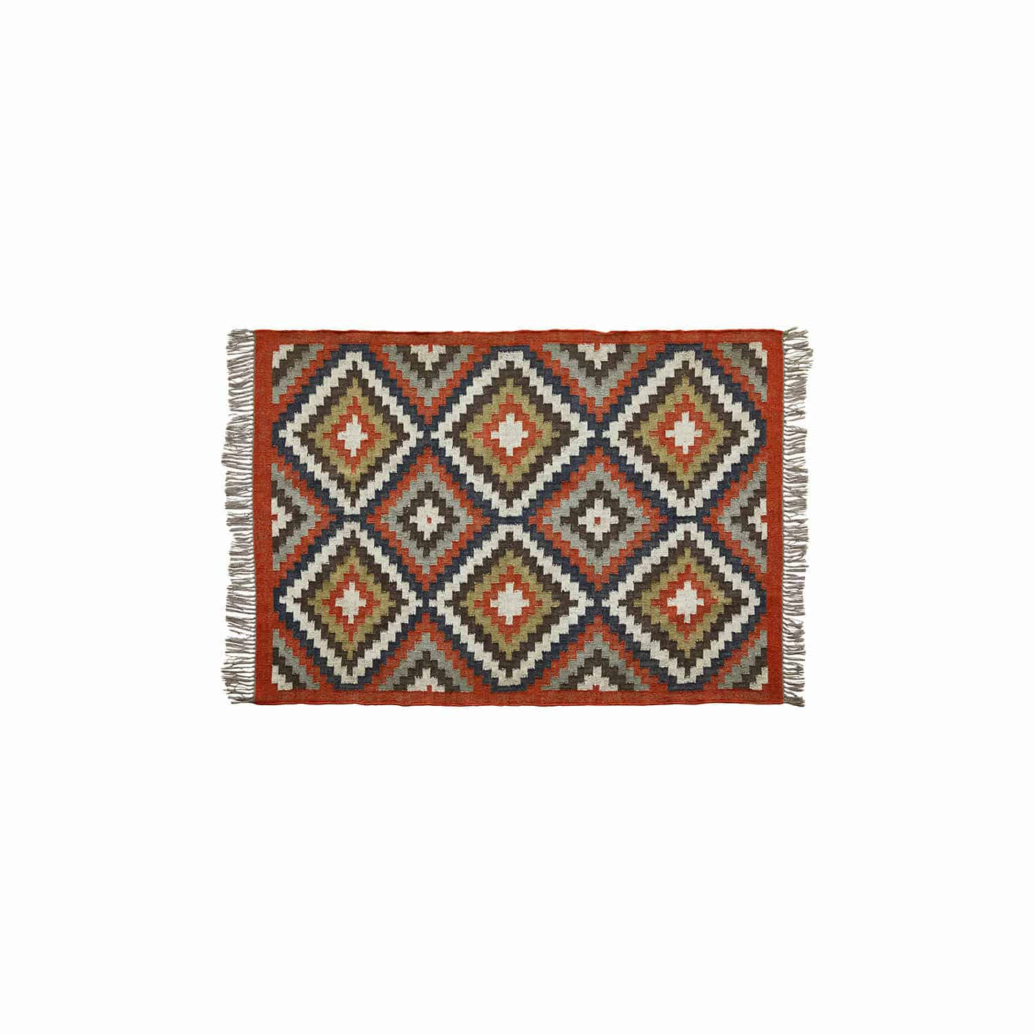 Teppich Dailies Teppich mit geometrischem Muster in Rot, Grün und Beige mit Fransen an den Seiten für Wohnräume