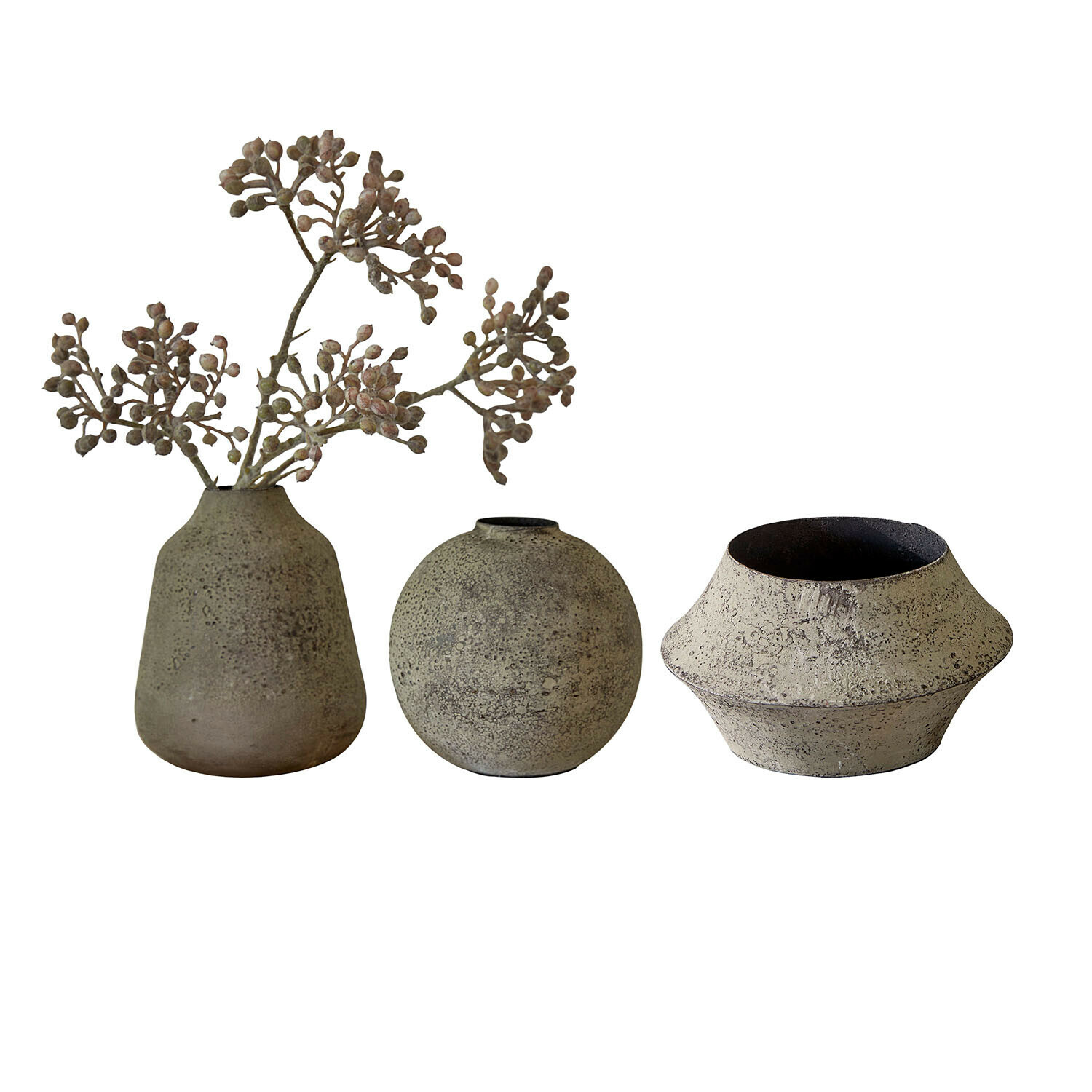 Vase 3er Set Nalira Set aus drei beigen Keramikvasen in verschiedenen Formen zur Wohnraumdekoration