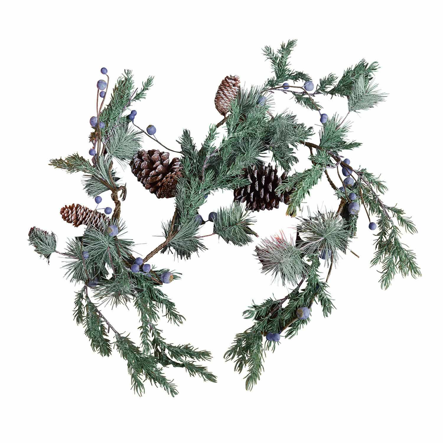 Girlande Virpi Dekorativer Kranz aus grünen Zweigen, Zapfen und blauen Beeren für Weihnachten