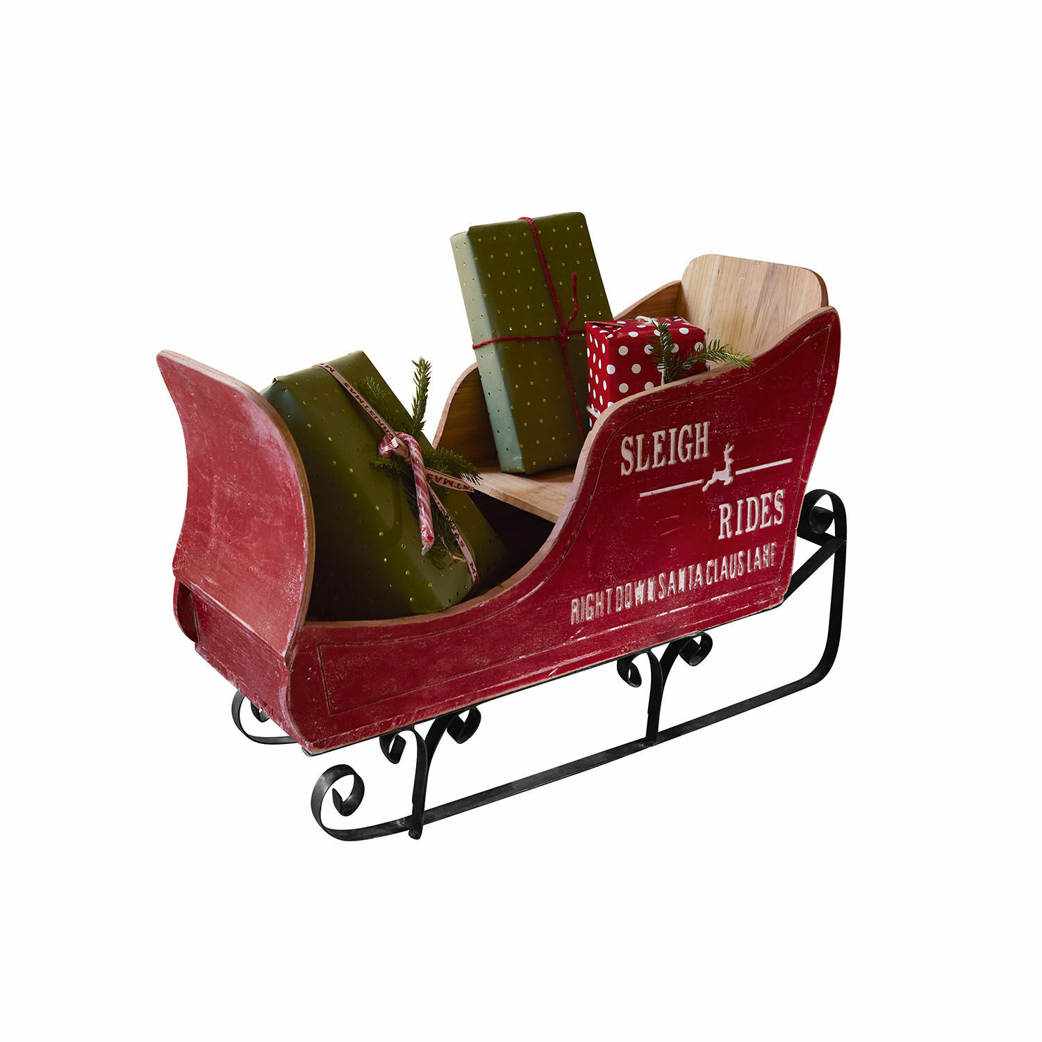 Deko-Schlitten Maélys Roter Holzschlitten mit Metallkufen und Geschenken in grünem und rotem Geschenkpapier