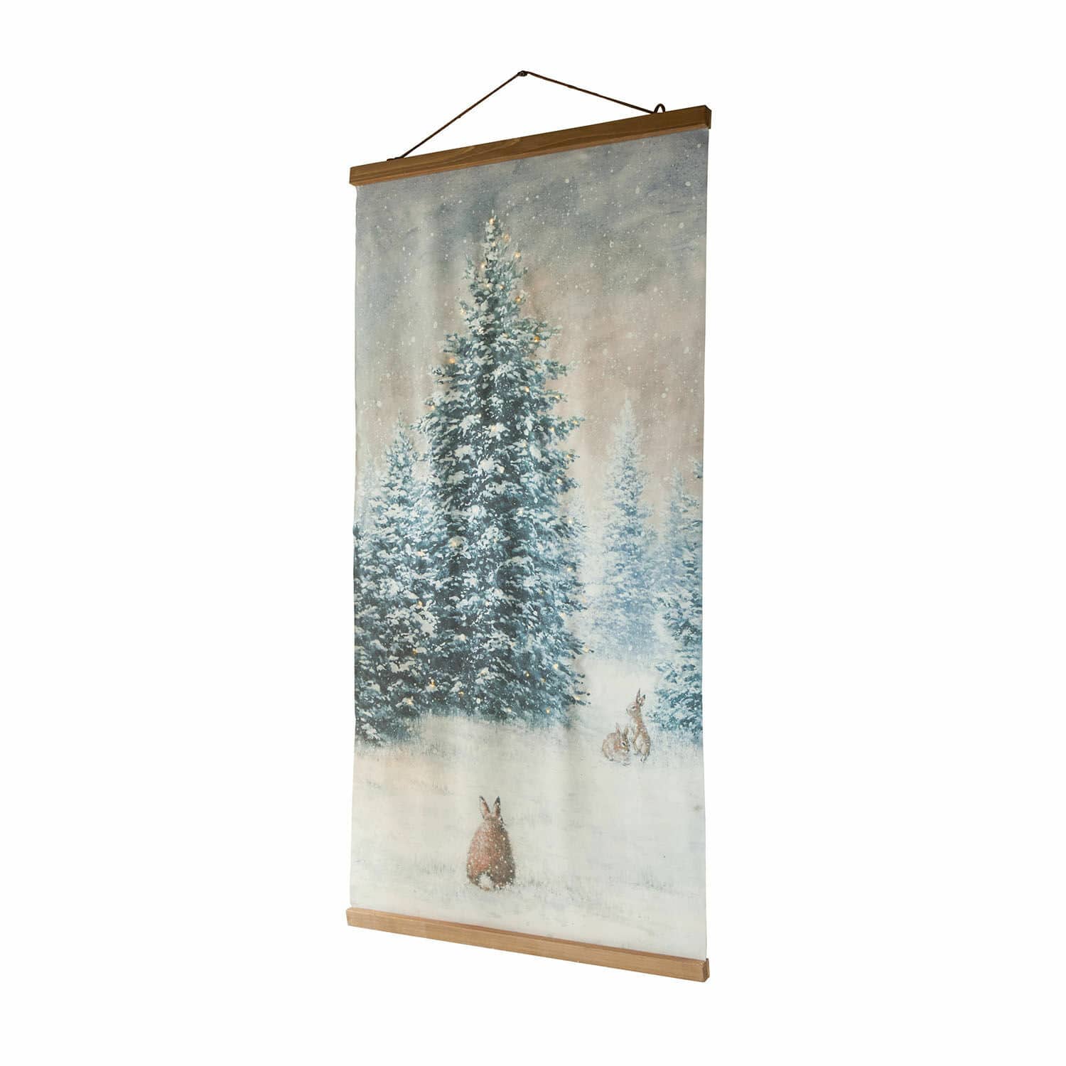 Bild mit LED Orpique Hängendes Bild mit winterlichem Motiv verschneiter Tannen und Hasen auf Stoff mit Holzrahmen