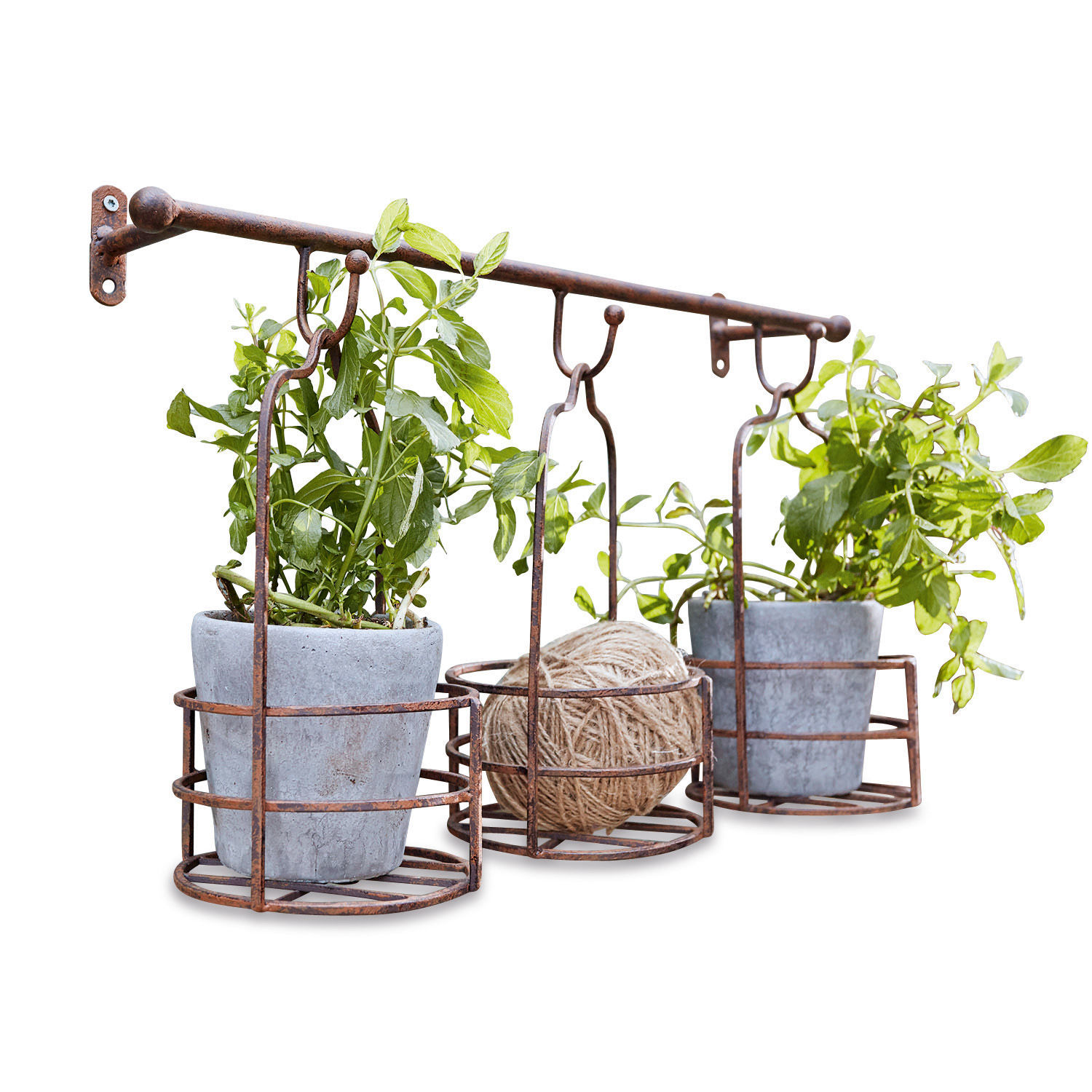 Wandregal mit Pflanzkörben Hemente Rostiger Metall-Wandhalter mit drei runden Pflanzhaltern und Gartenschnur aus Jute