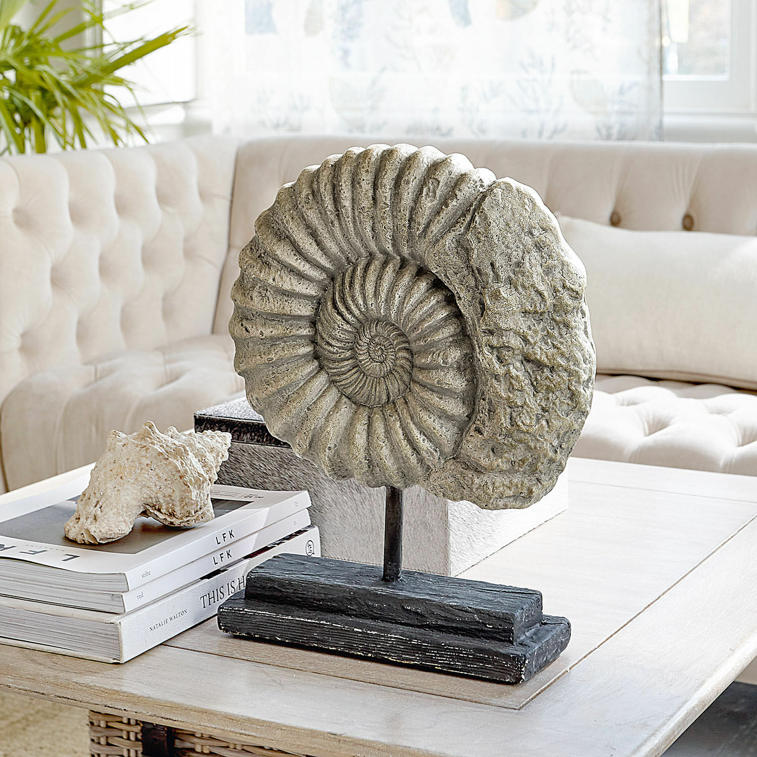 Deko-Objekt Dewey Dekorative Ammoniten-Skulptur aus Stein auf schwarzem Sockel auf einem Couchtisch im Wohnzimmer