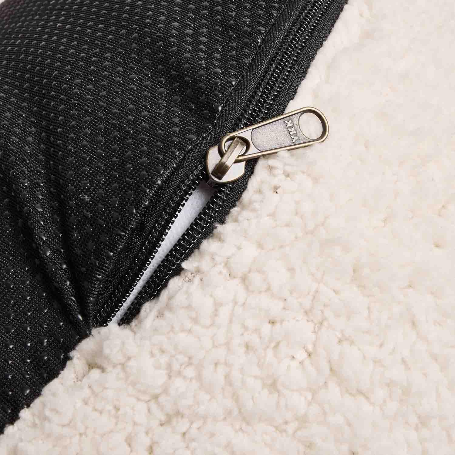 YKK-Reißverschluss an schwarzem, rutschfestem Stoff mit weißem, weichem Fleece-Material