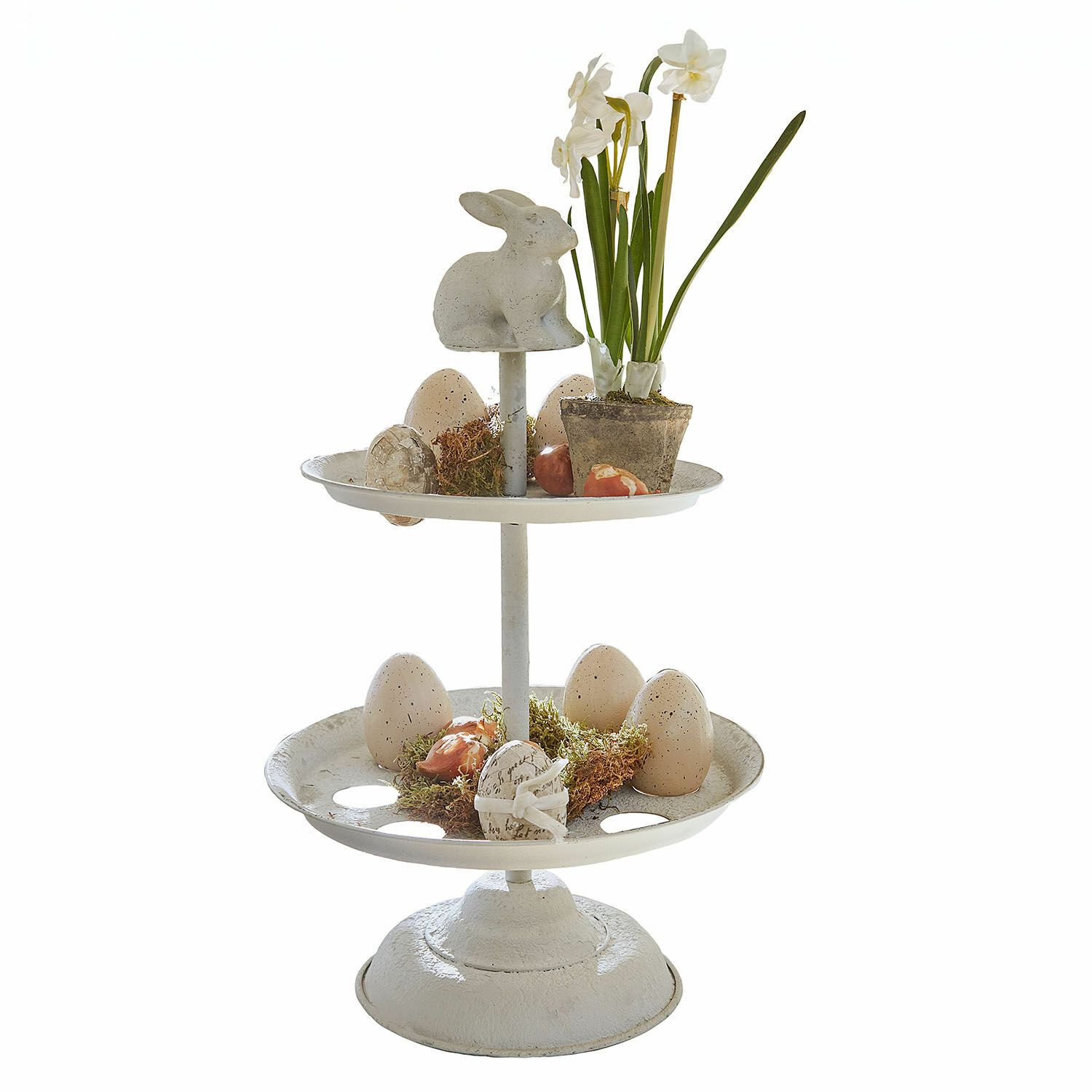 Eier-Etagere Delixor Zweistöckige weiße Metall-Etagere mit Osterdekoration aus Eiern und Hasenfigur