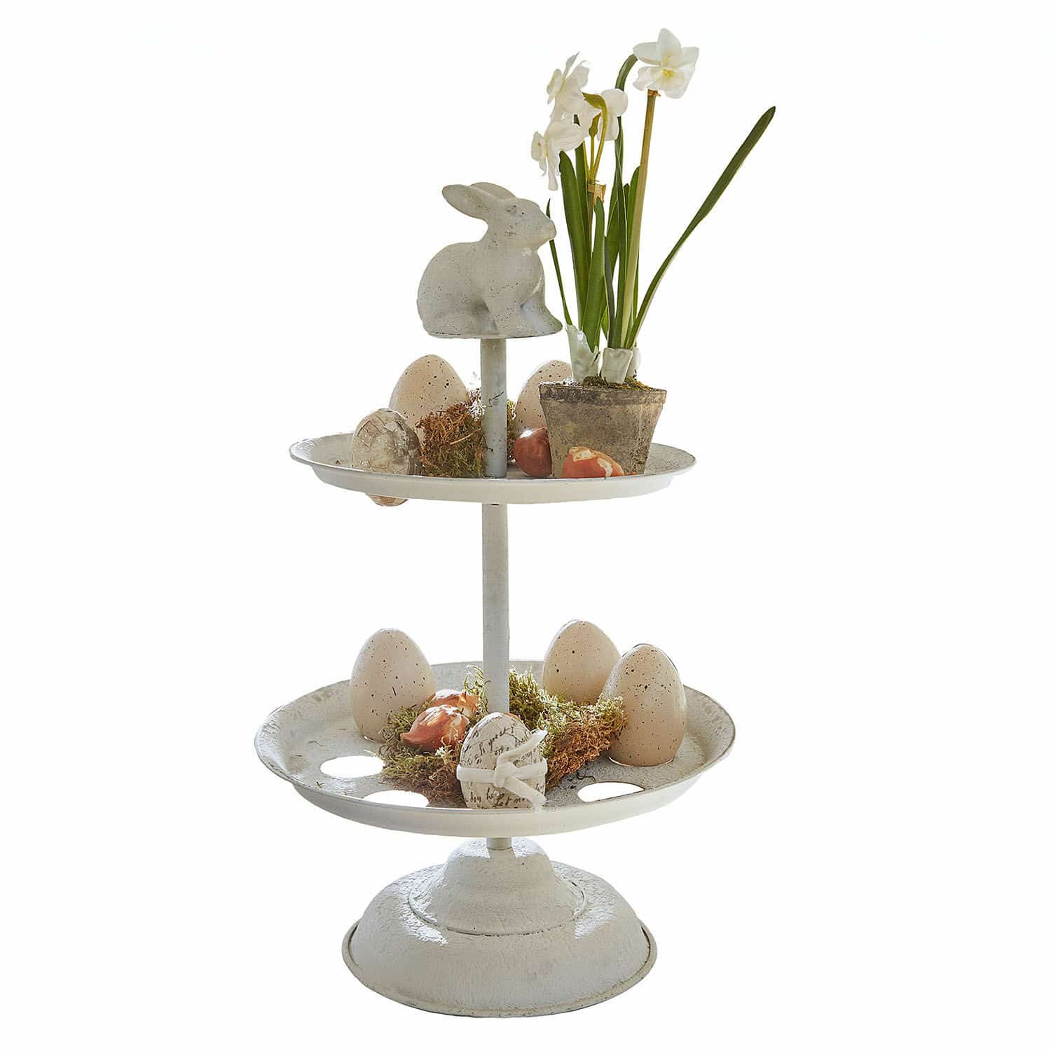 Eier-Etagere Delixor Zweistöckige weiße Metall-Etagere mit Osterdekoration aus Eiern und Hasenfigur