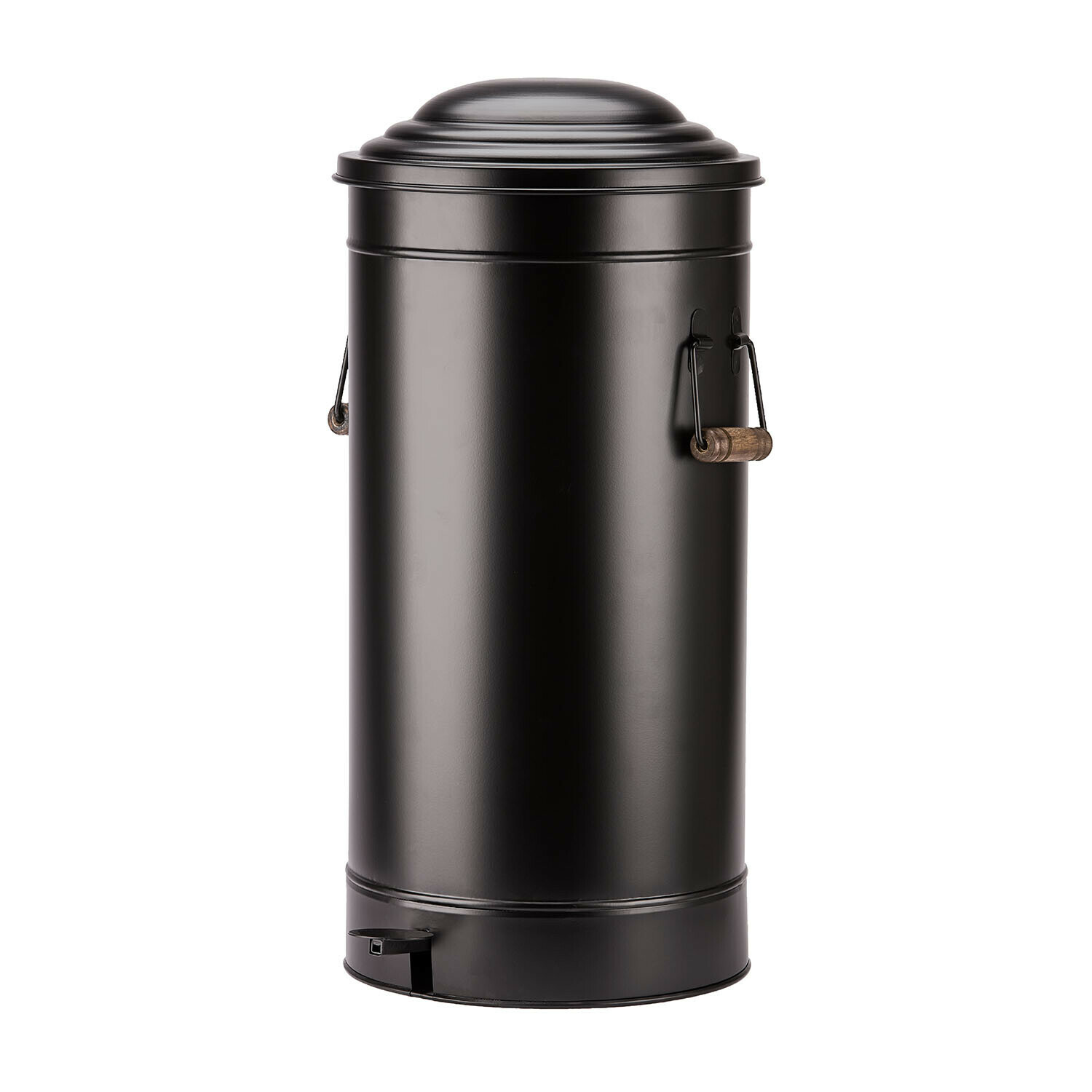 Schwarzer Metall-Mülleimer mit Fußpedal und Holzgriffen, praktischer Abfalleimer für Zuhause