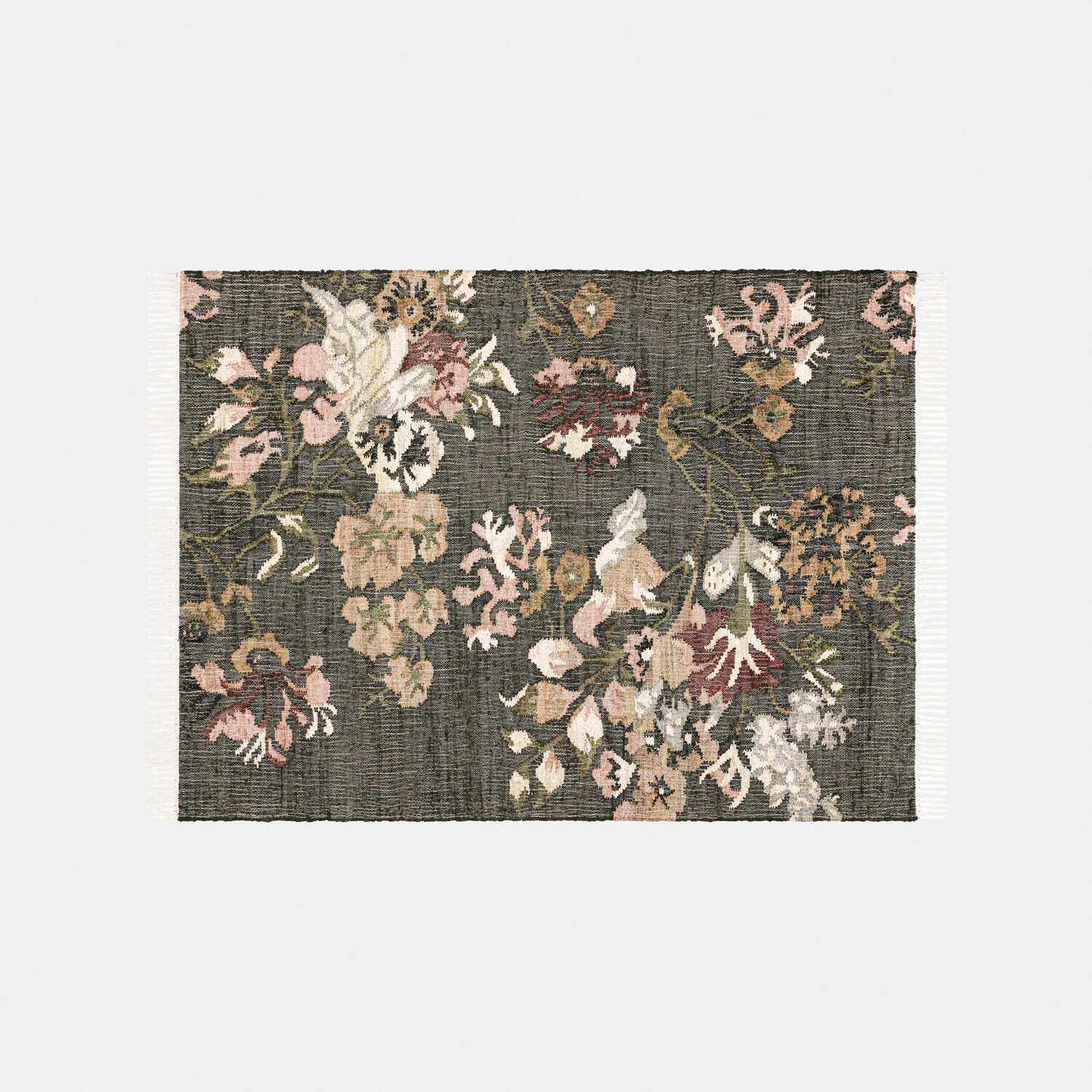 Teppich Yasirah Dunkelgrauer Teppich aus Stoff mit pastellfarbenem Blumenmuster und seitlichen Fransen