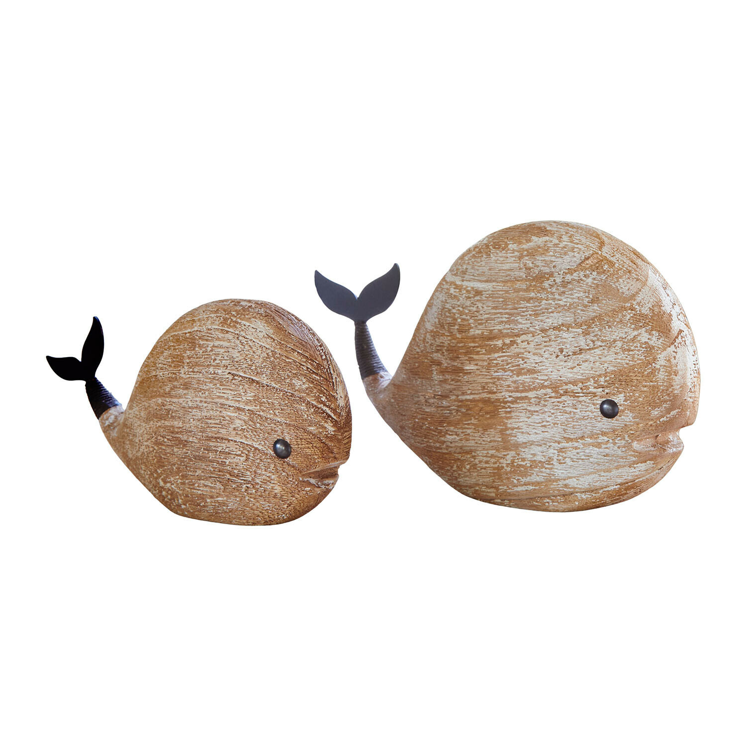 Zwei dekorative Holz-Wale in Naturfarbe mit schwarzen Schwänzen, rustikaler Look