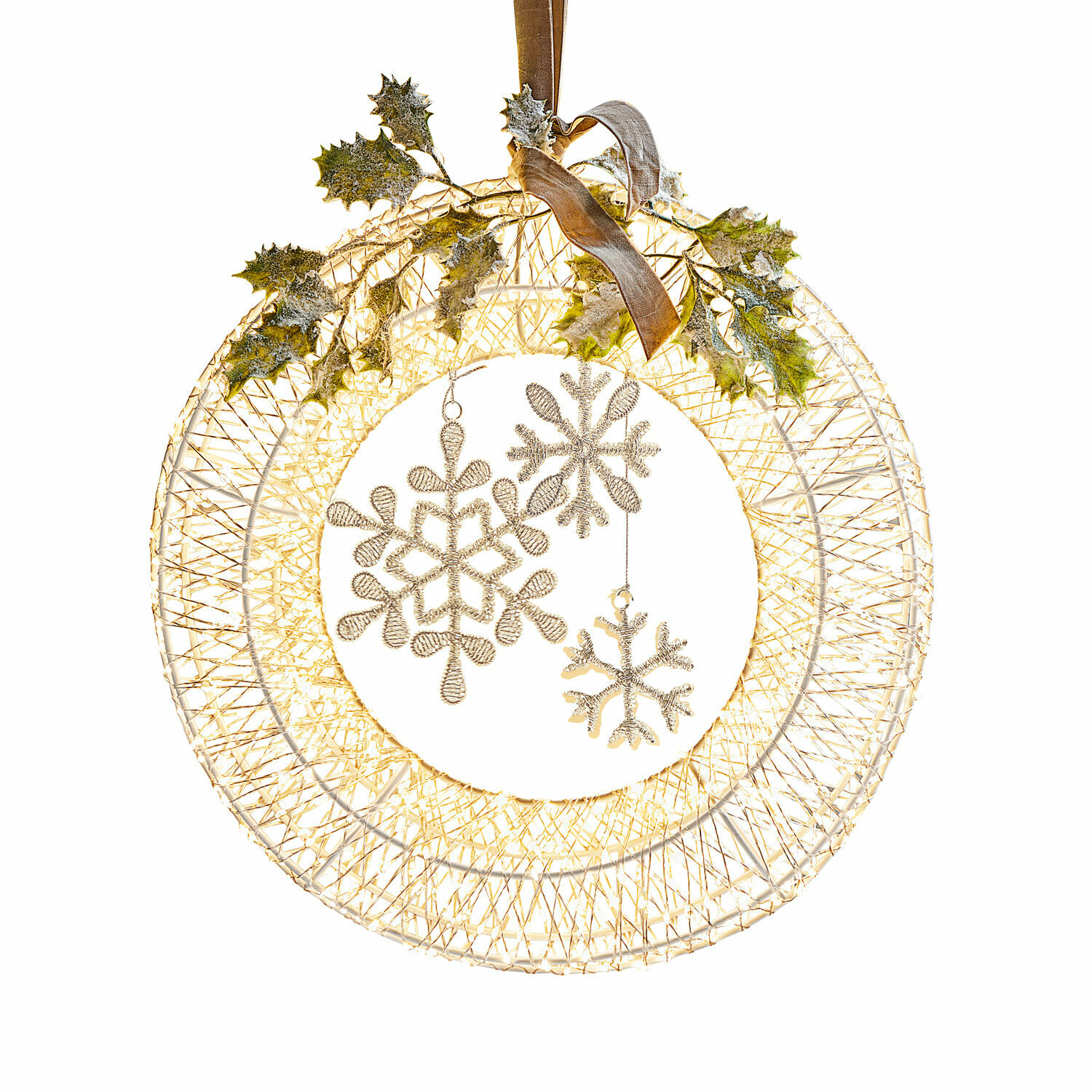LED-Kranz Winsloe Weihnachtlicher Kranz aus goldenem Metallgeflecht mit Schneeflocken- und Stechpalmen-Dekor für Festtage