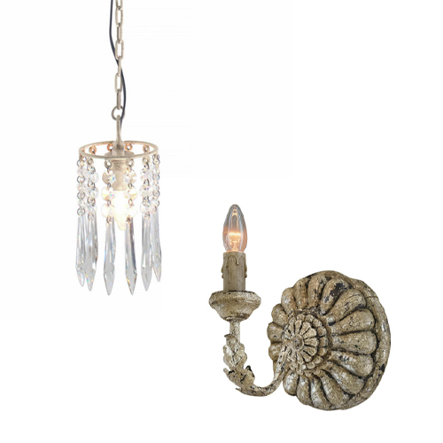 Set aus Hängeleuchte mit Kristalltropfen und retro Wandlampe in Beige
