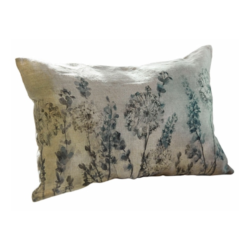 Dekoratives Kissen aus grauem Leinen mit floralem Druck, ideal für Wohnzimmer und Schlafzimmer
