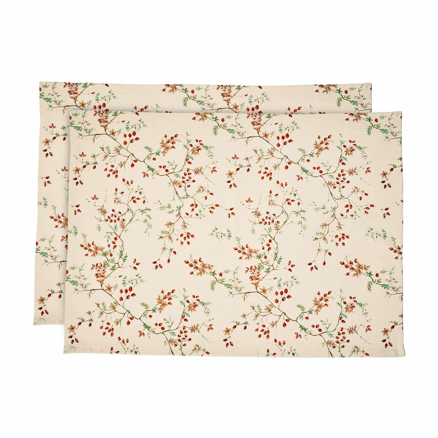 Geschirrtuch 2er set Mauriac Set aus zwei Baumwoll-Tischsets in Creme mit rotem Beeren- und grünem Zweigmuster für den Esstisch