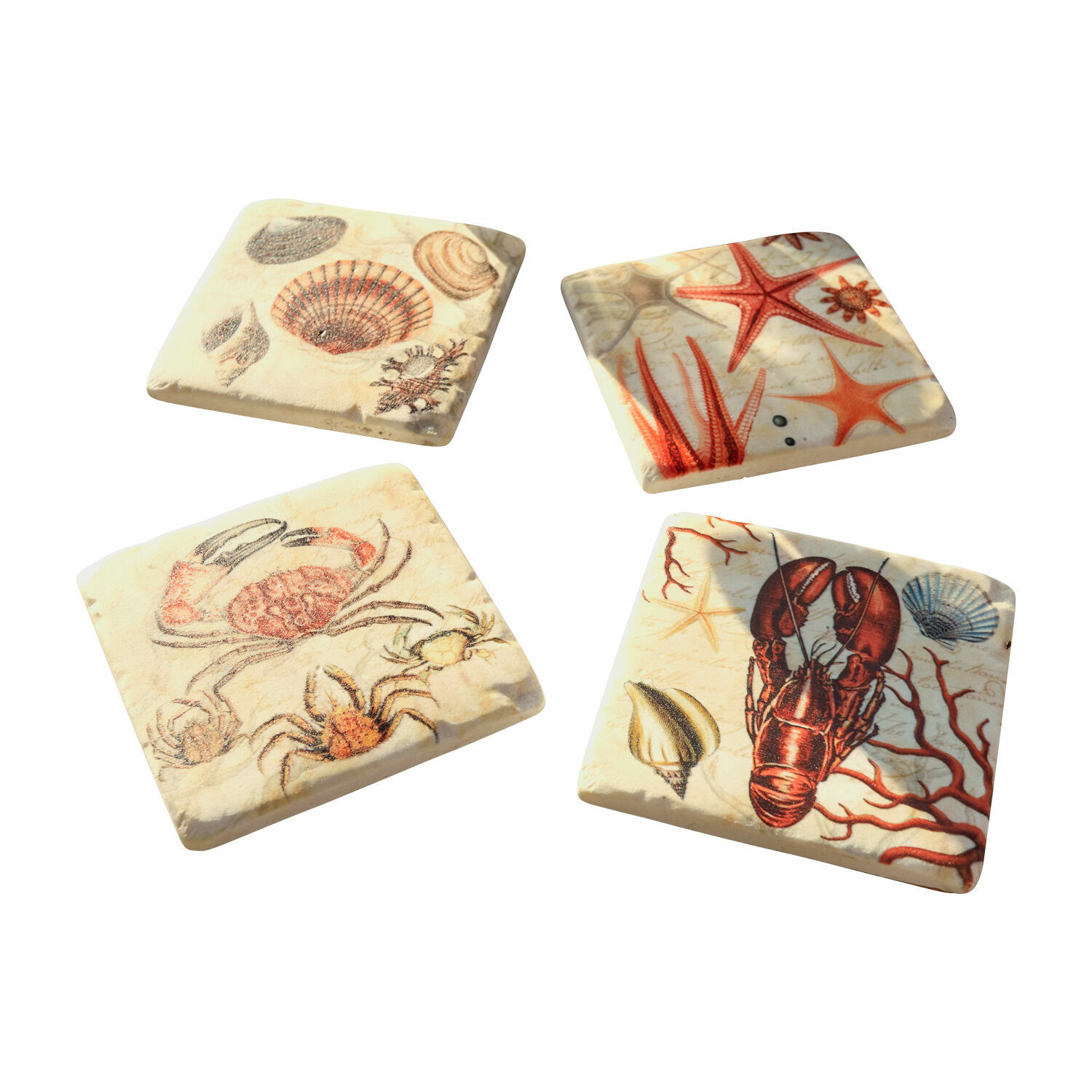 Untersetzer 4er Set Celorin Vier keramische Untersetzer mit maritimen Motiven in Beige und Rot für den Wohnbereich