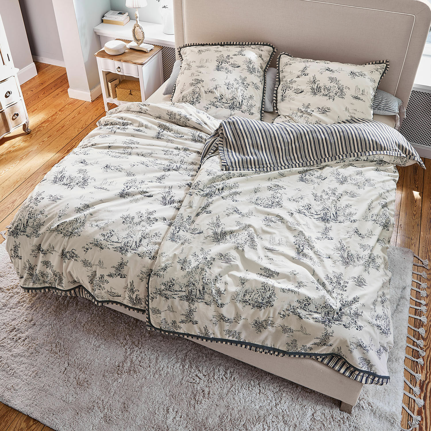 Bettwäsche-Set aus Baumwolle in Creme mit schwarzem Muster und Streifen, Vintage-Stil für Schlafzimmer