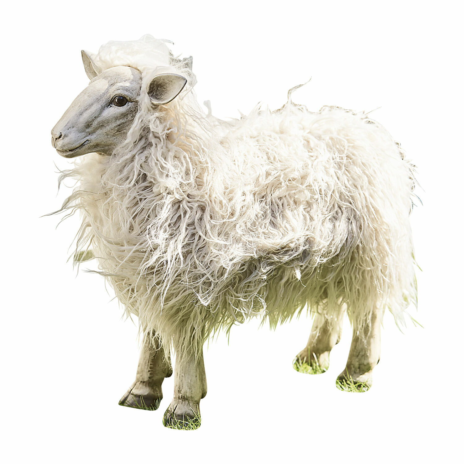 Deko-Schaf Justin Dekorative Schaf-Figur mit weißem, lockigem Fell auf grünem Gras für Wohnraumgestaltung