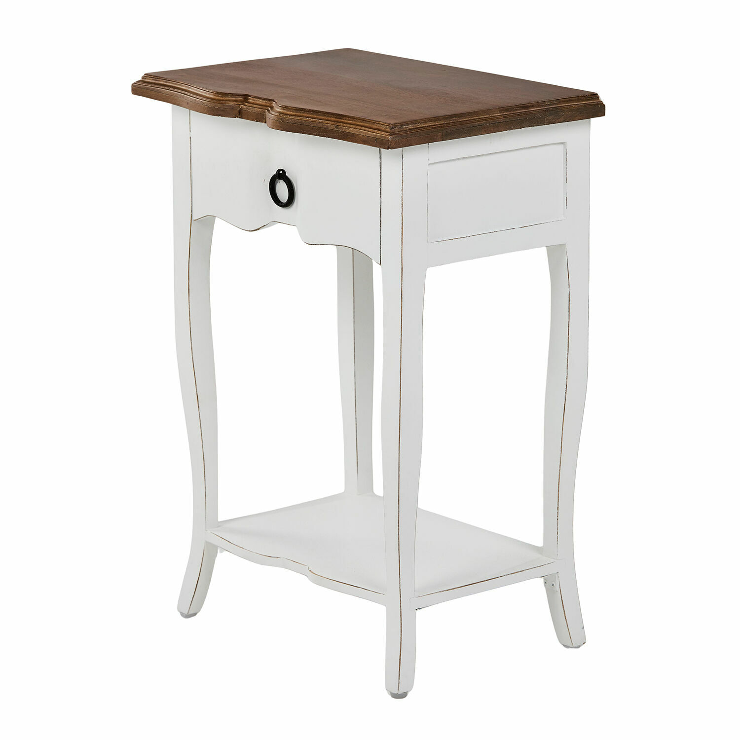 Beistelltisch Finstock Weißer Beistelltisch aus Holz mit brauner Tischplatte und Ablage, Vintage-Möbel fürs Wohnzimmer
