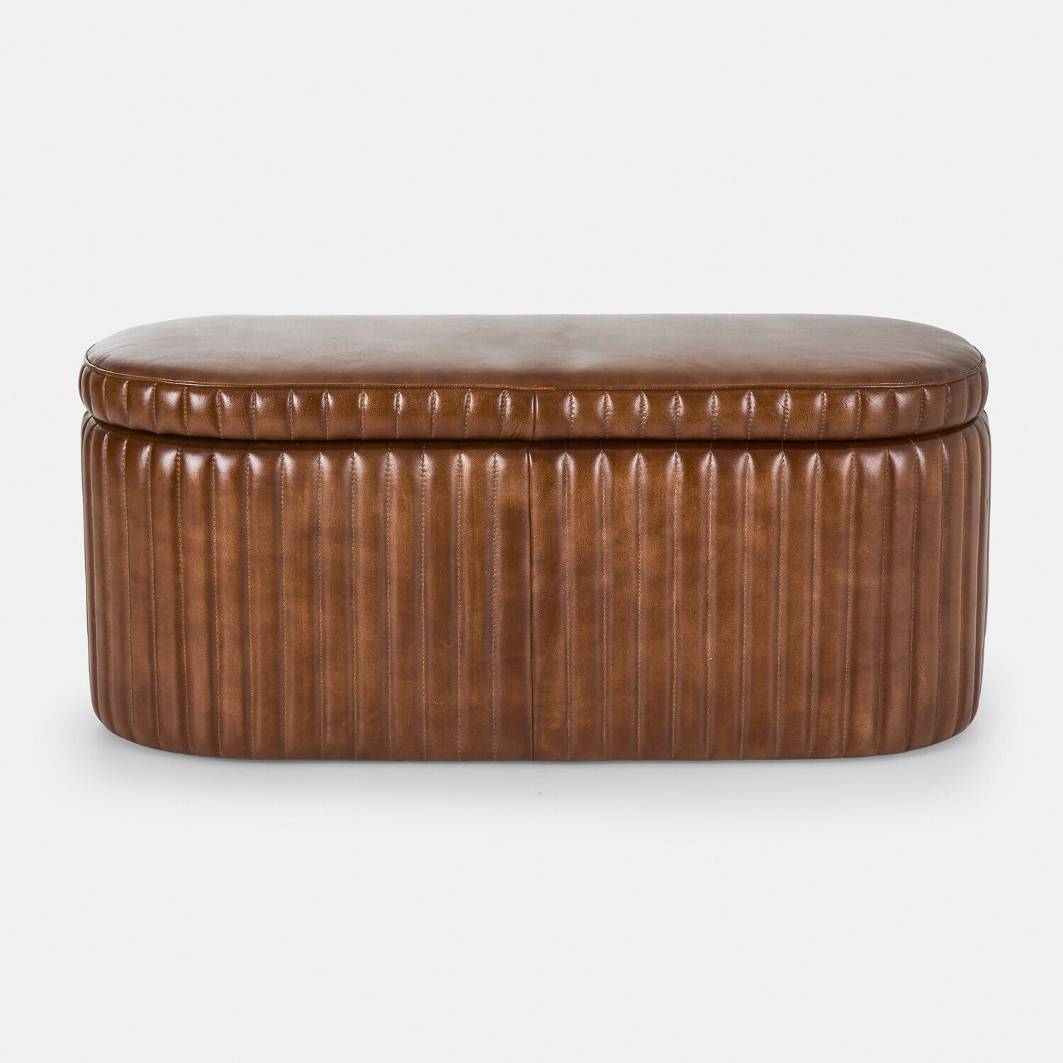 Bank Jolivon Braune Lederpouf mit vertikalen Nähten, elegantes Möbelstück für Wohnzimmer und Stauraum