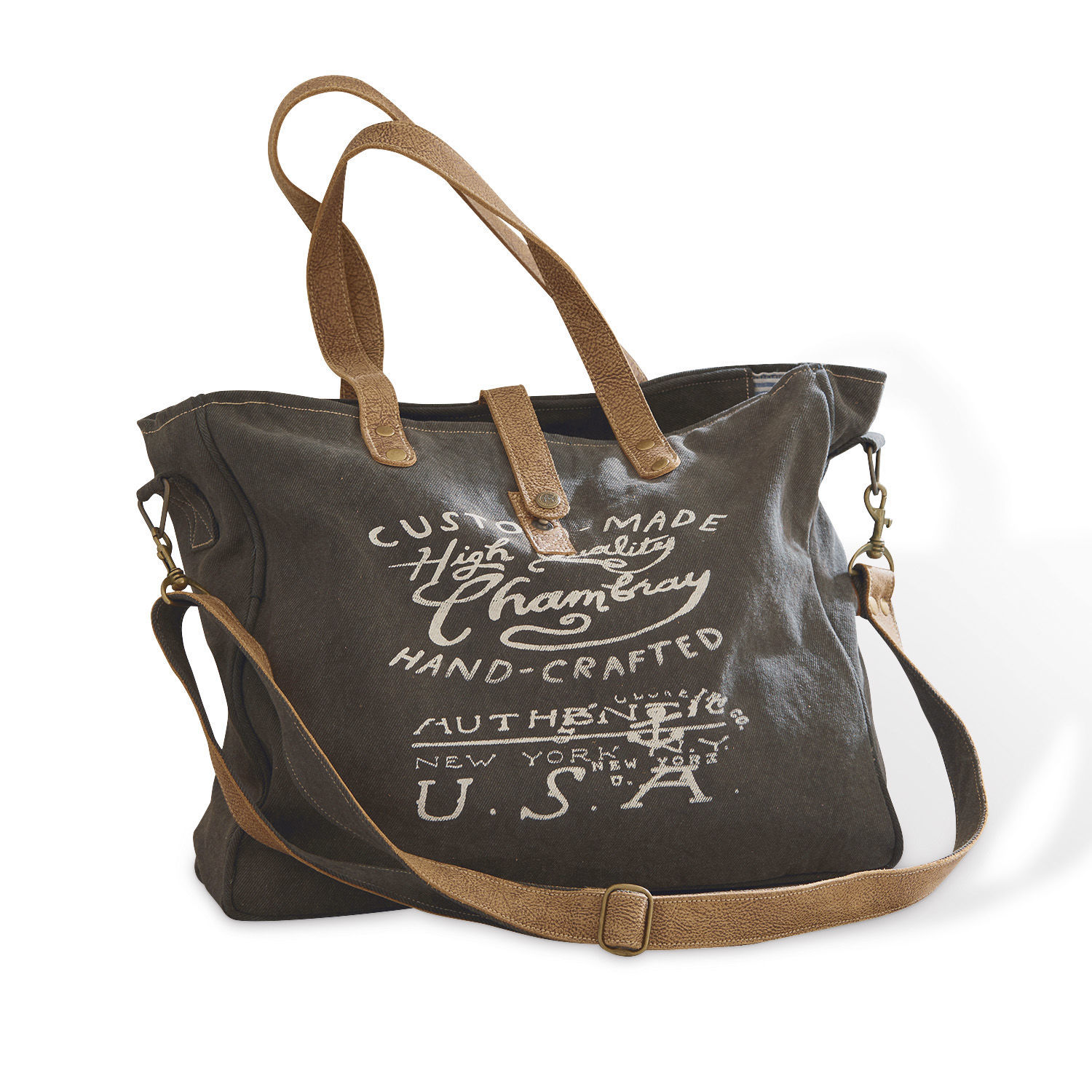 Tasche Kamjenia Dunkelgraue Stofftasche mit hellbraunen Griffen und Vintage-Aufdruck vorne