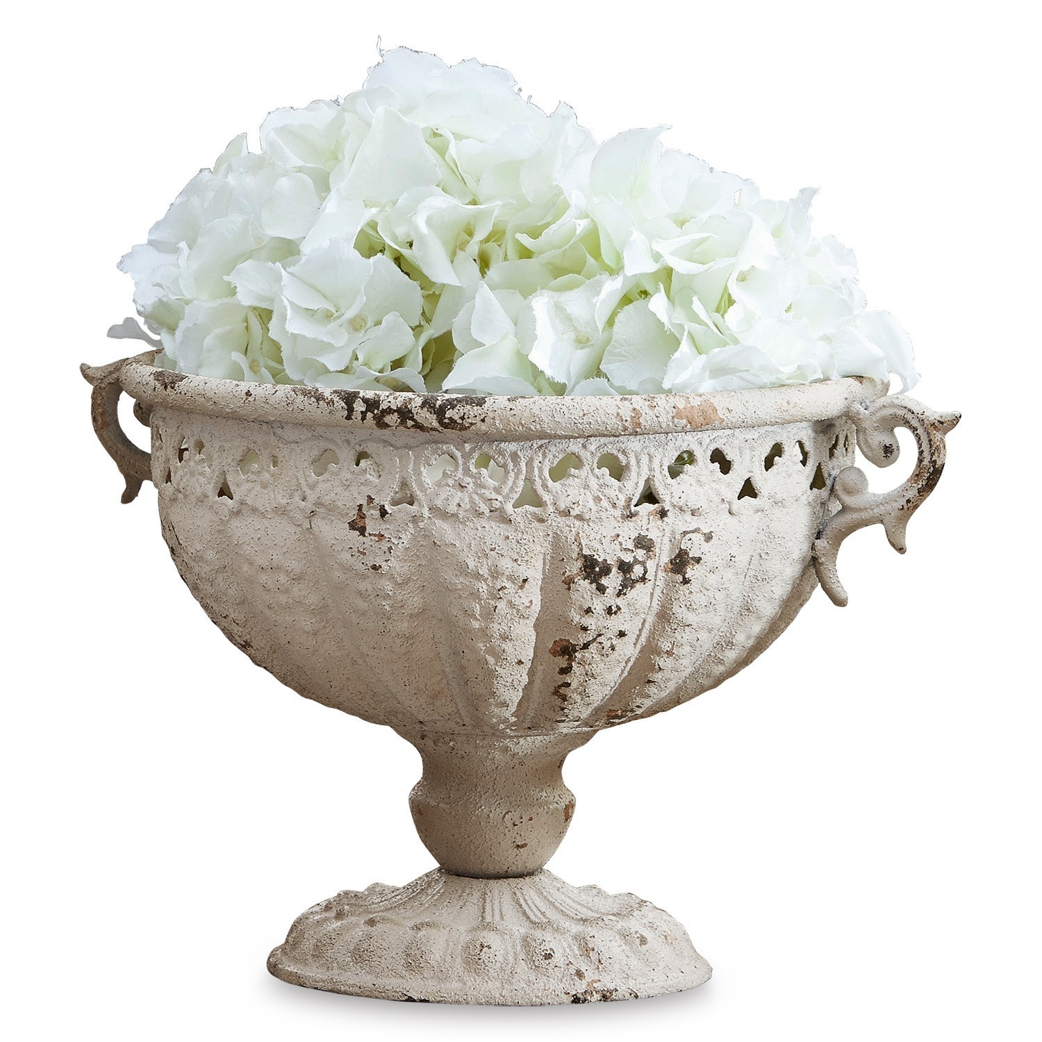 Amphore Vescemont Dekorative Metallschale im Vintage-Stil in Weiß mit weißen Blumen zur Wohnraumdekoration