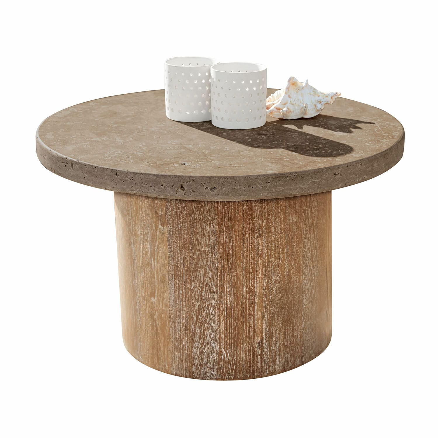 Couchtisch Clearwater Runder Couchtisch mit beigem Steintischplatte und hellem Holzsockel