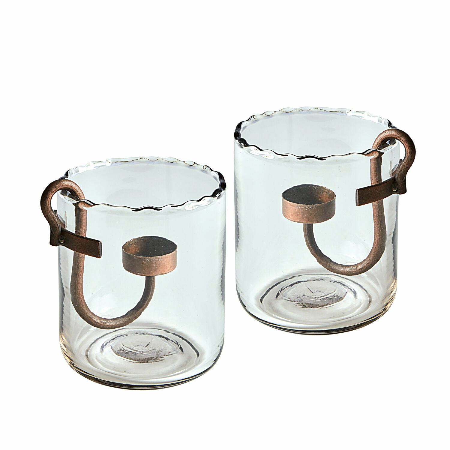Windlicht 2er Set Lynn Glas-Teelichthalter mit kupferfarbenen Griffen und wellenförmigem Rand, Wohnaccessoire