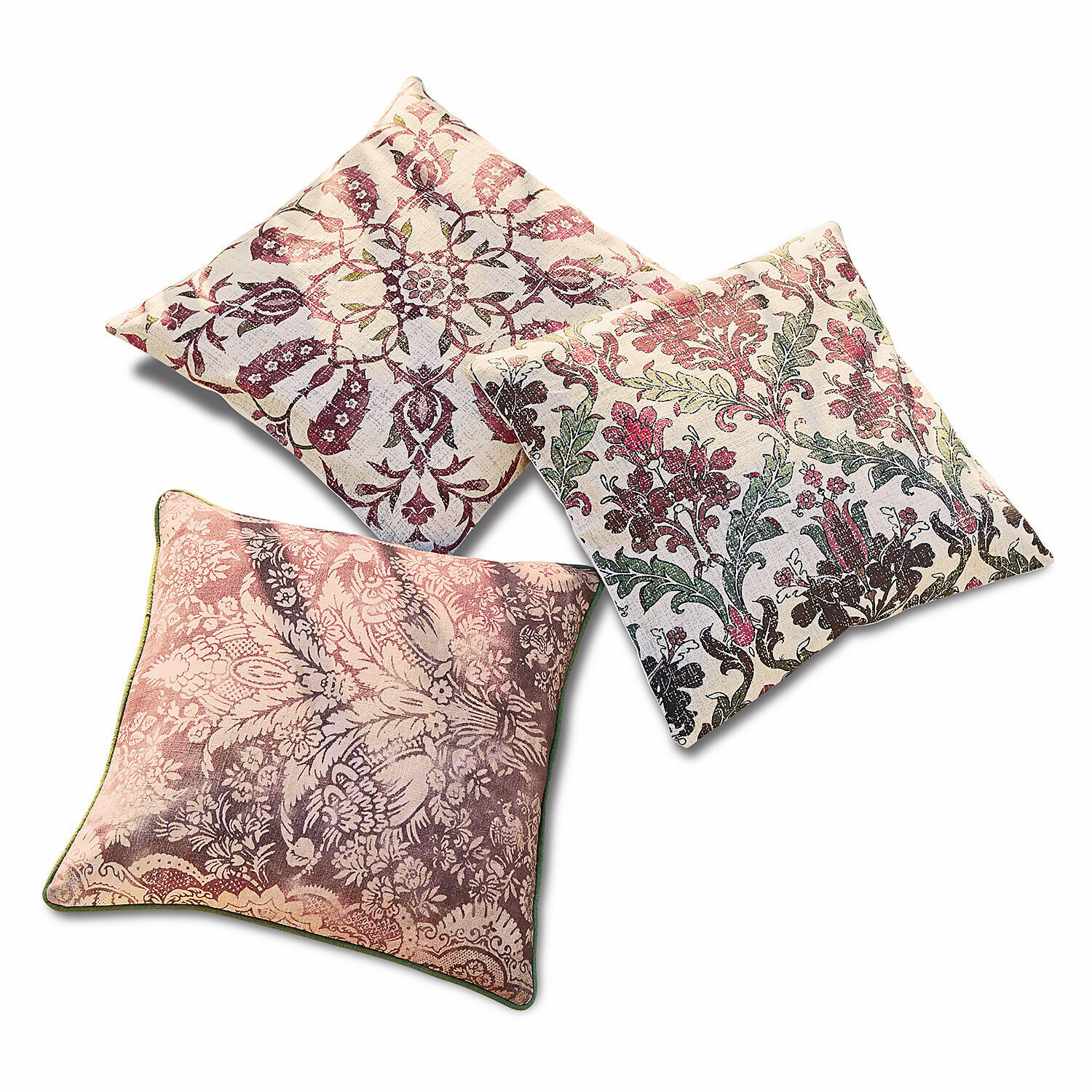Kissenhülle 3er Set Camden Drei dekorative Baumwollkissen mit floralen Mustern in Rosa- und Grüntönen