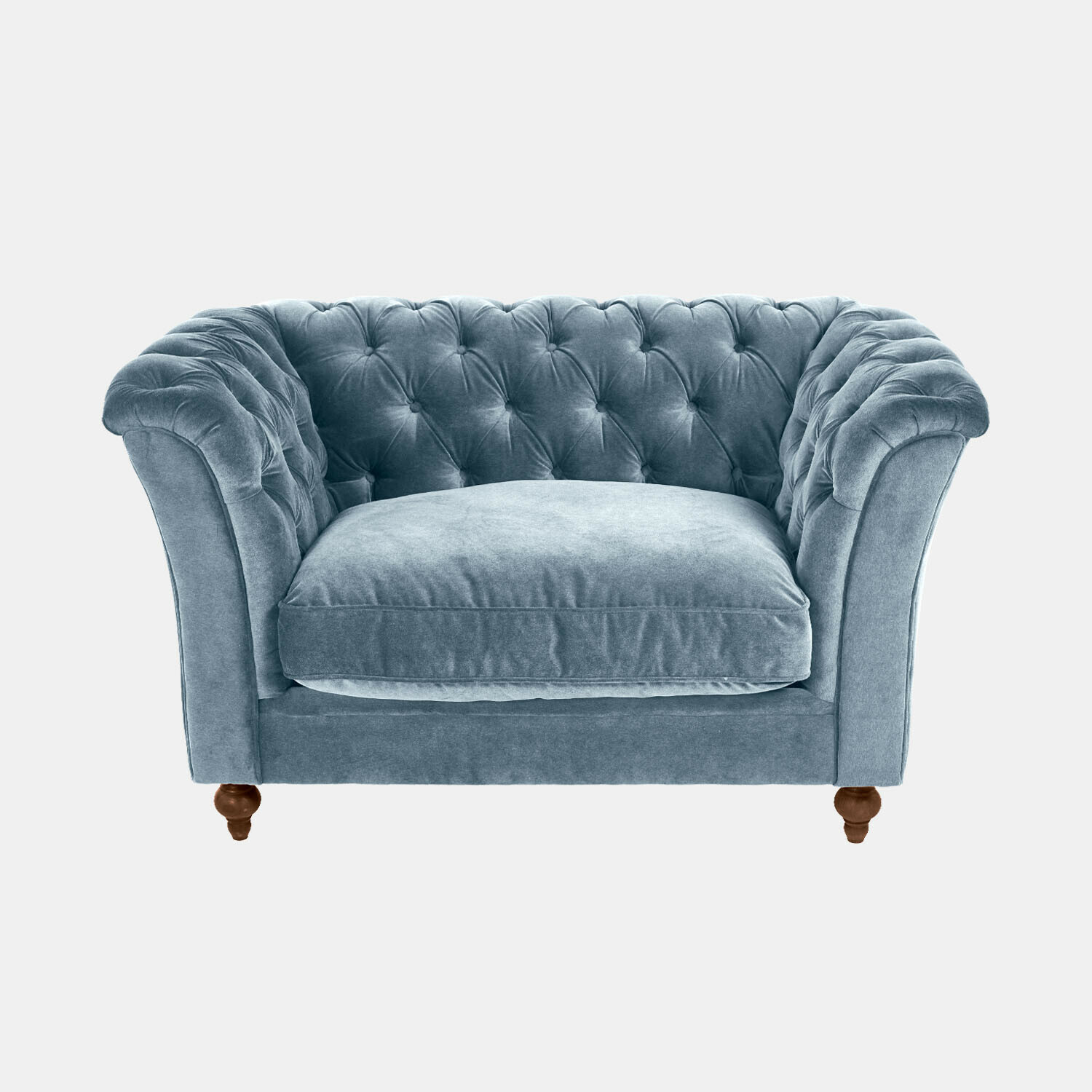 blau Blaues Samtsofa mit gesteppter Rückenlehne und Holzbeinen, bequemes Wohnzimmermöbel