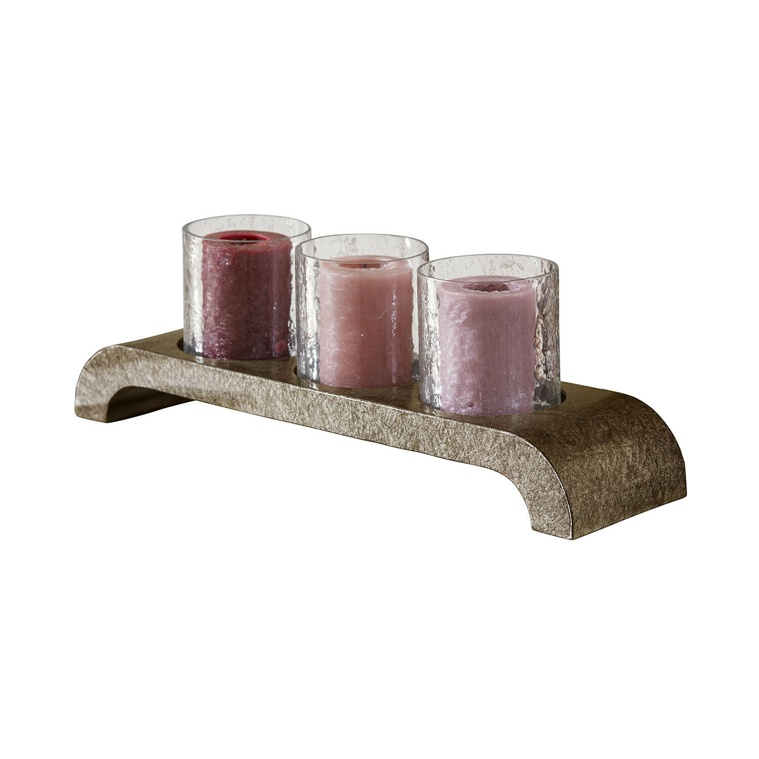 Kerzenhalter Silvra Set aus drei rosa und bordeauxfarbenen Kerzen in Glashaltern auf braunem dekorativem Sockel