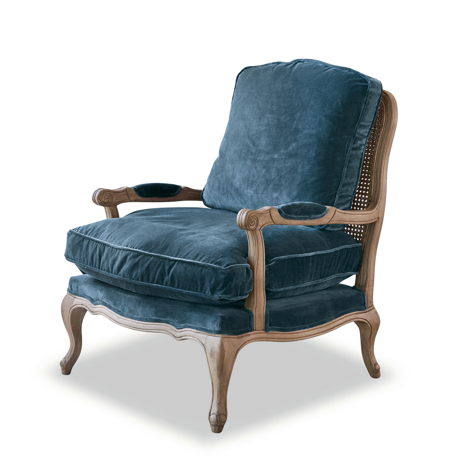 Sessel Corlay Eleganter Sessel mit Holzrahmen und weichen blauen Samtkissen für stilvolles Wohnzimmer