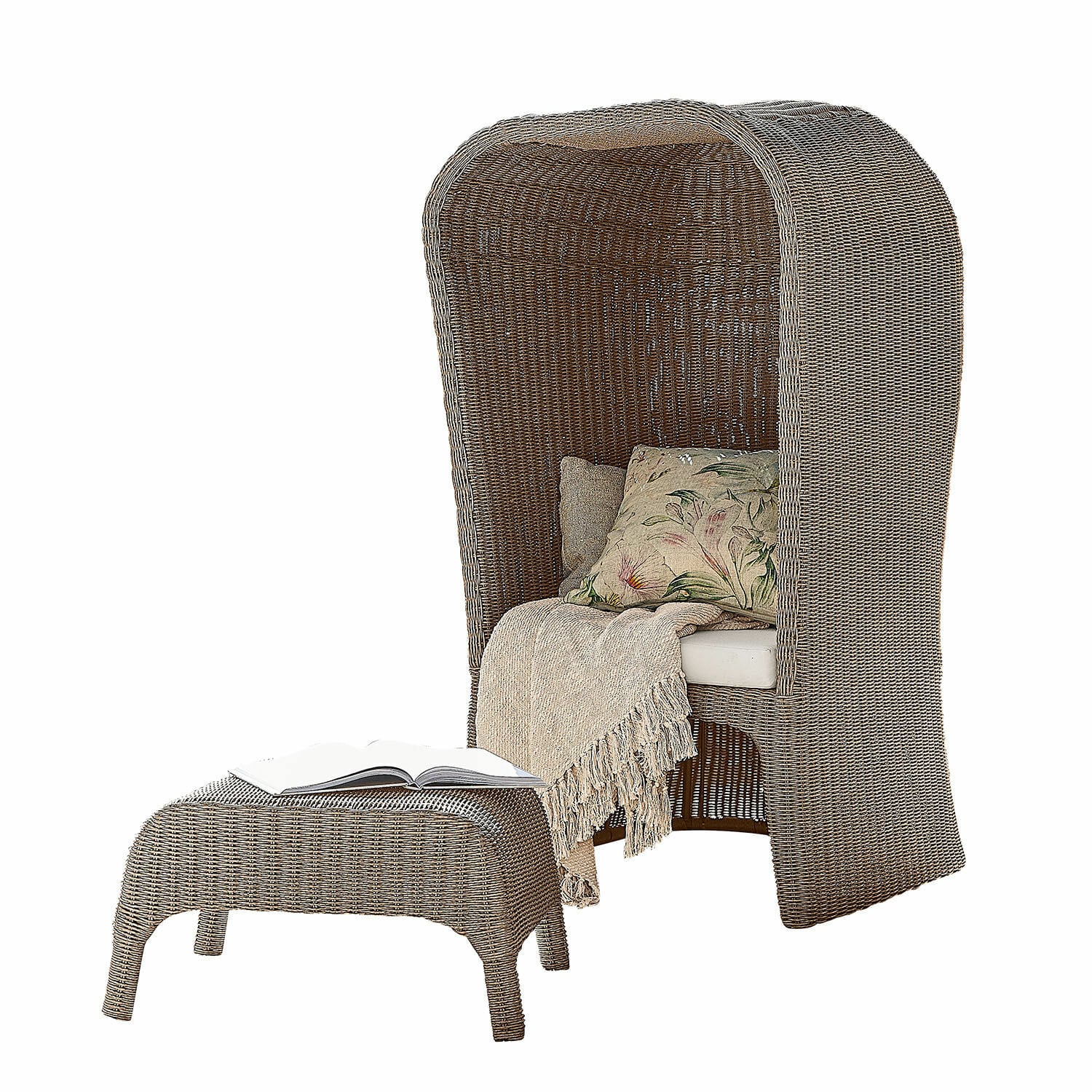 Strandkorb mit Hocker Sanivane Rattansessel mit Dach und Hocker, beige Kissen und Decke, Gartenmöbel aus Rattan