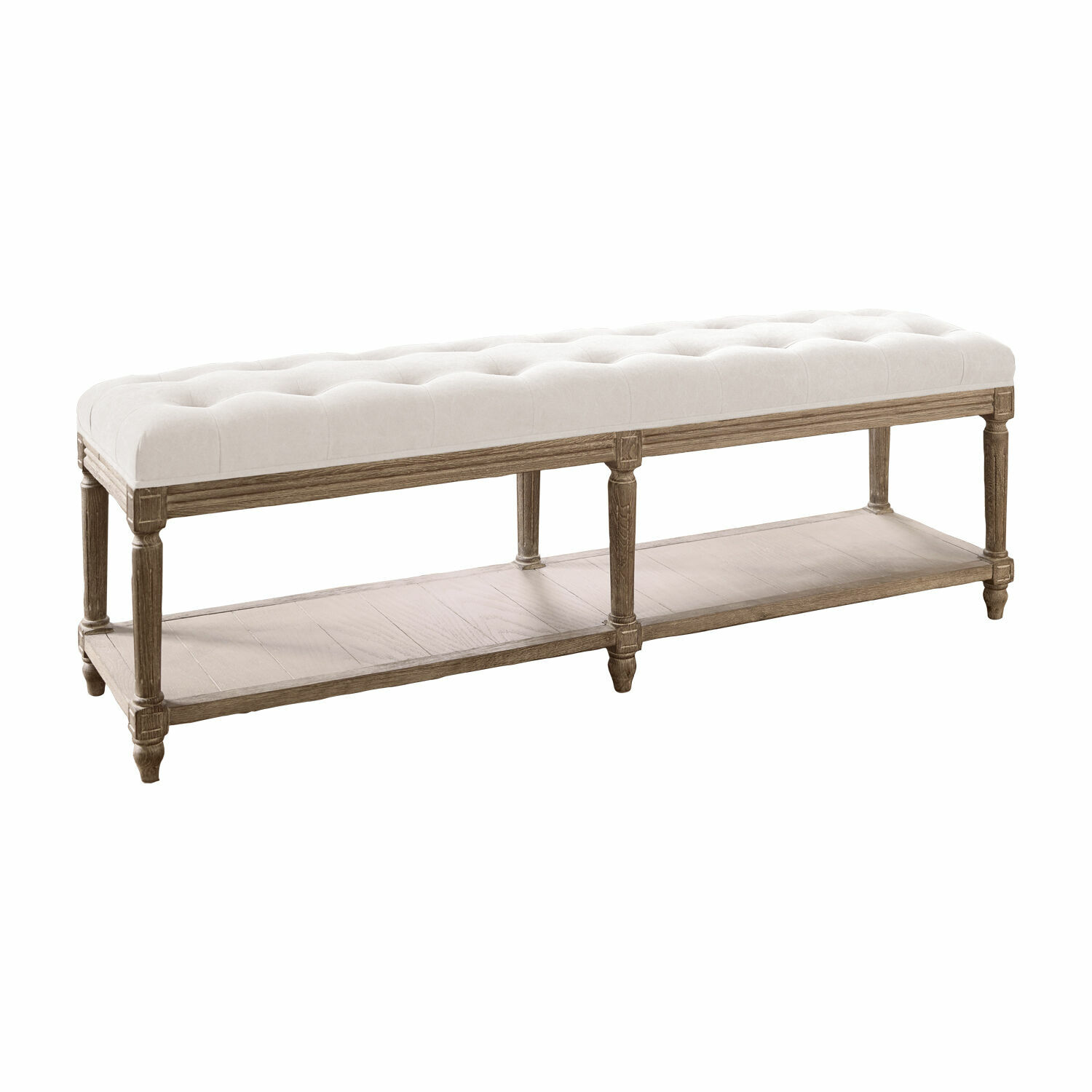 creme/antikbraun Bank Surcelles mit cremefarbenem, gepolstertem Sitz und antikbraunem Holzgestell im Vintage-Stil