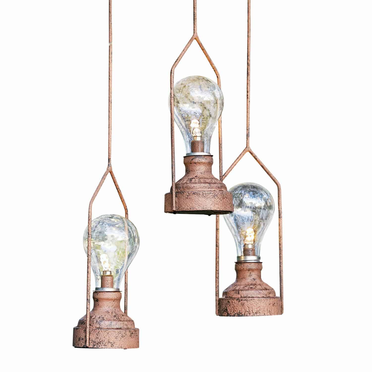 LED-Hängelaterne 3er Set Chambéry Drei hängende Lampen mit rostiger Metallbasis und klaren LED-Glühbirnen für stimmungsvolles Licht
