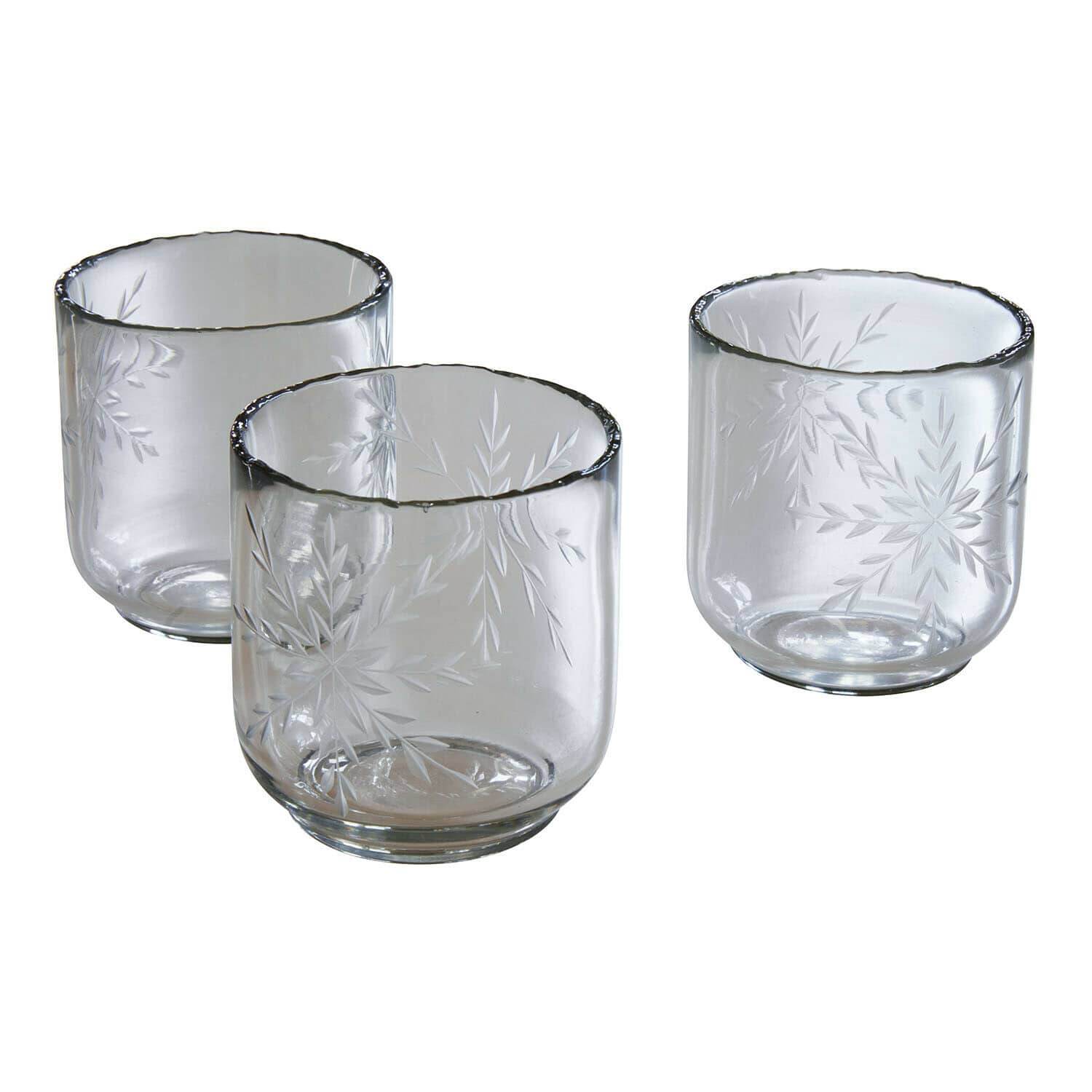 Windlicht 3er Set Selhild Set aus drei klaren Gläsern mit graviertem Blattmuster aus durchsichtigem Glas