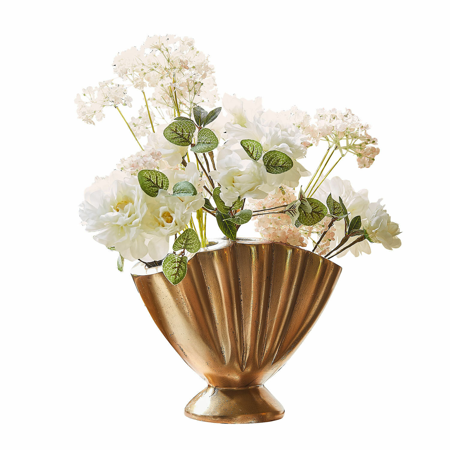 Vase Chavelot Goldfarbener Metallvase in Fächerform mit weißen Dekoblumen für Wohnräume