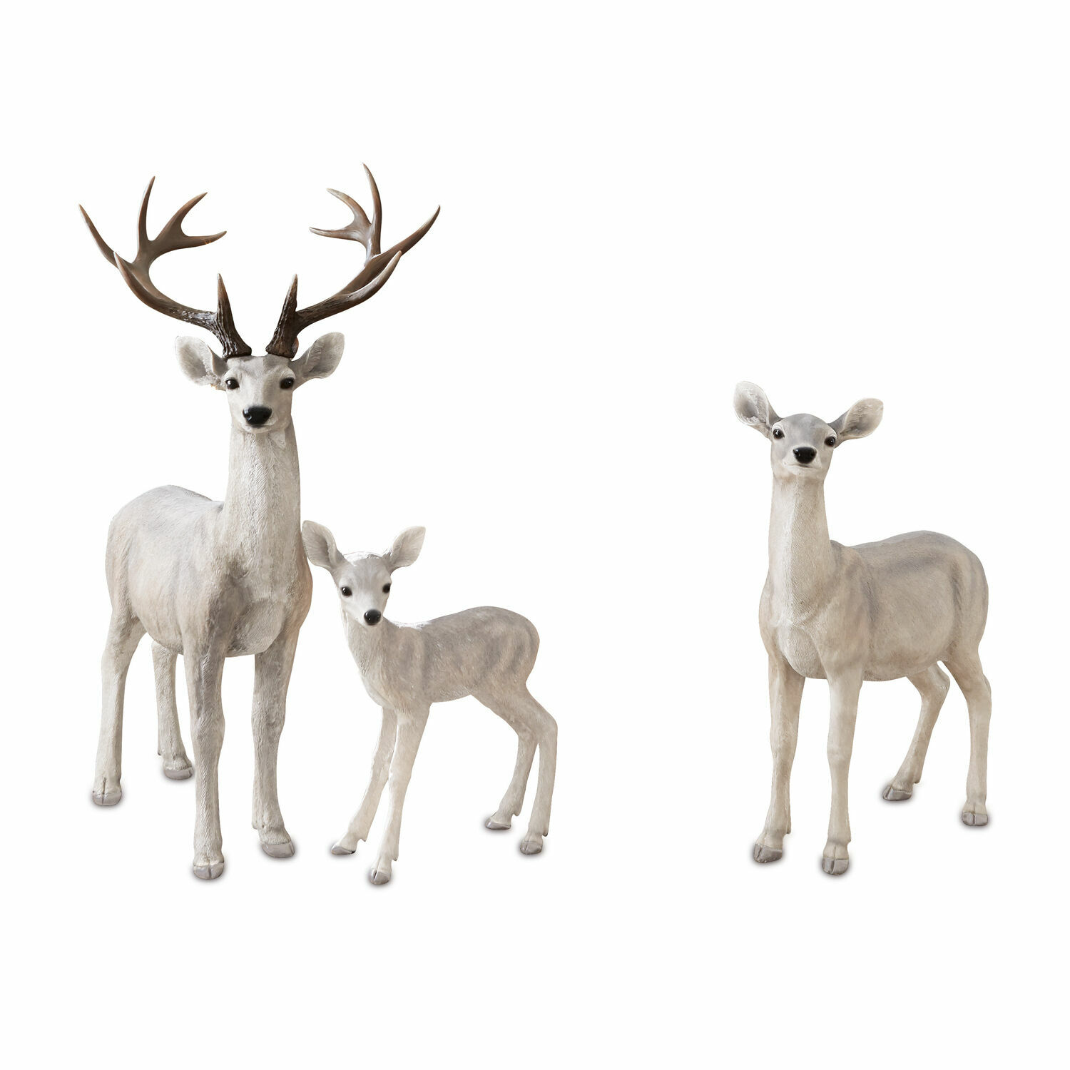 Hirsch mit Reh und Kitz Olsen Drei hellgraue Hirschfiguren als Dekoration für Innen- und Außenbereiche