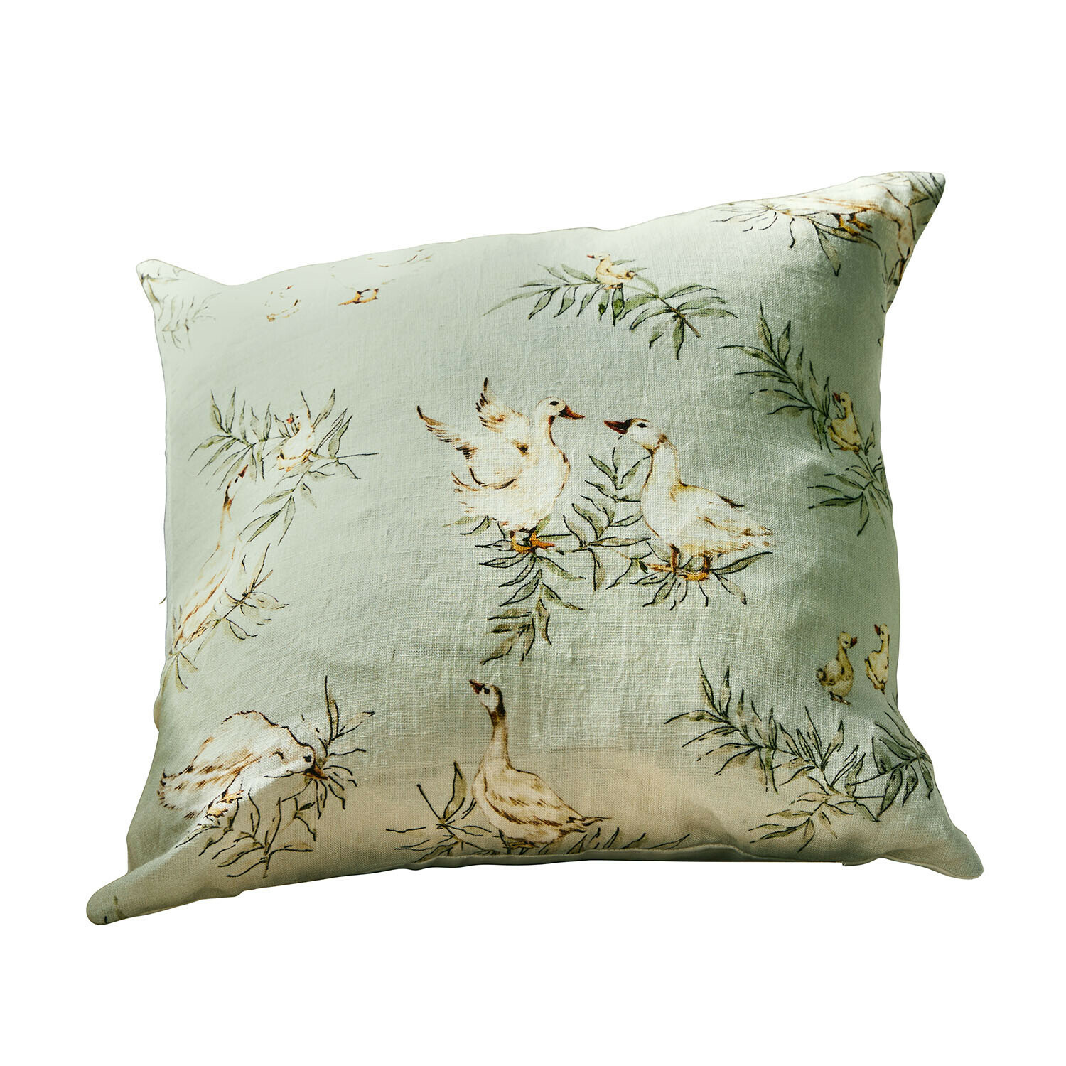 Hellgrünes Leinenkissen mit Enten- und Zweigmuster für gemütliche Wohnraumgestaltung
