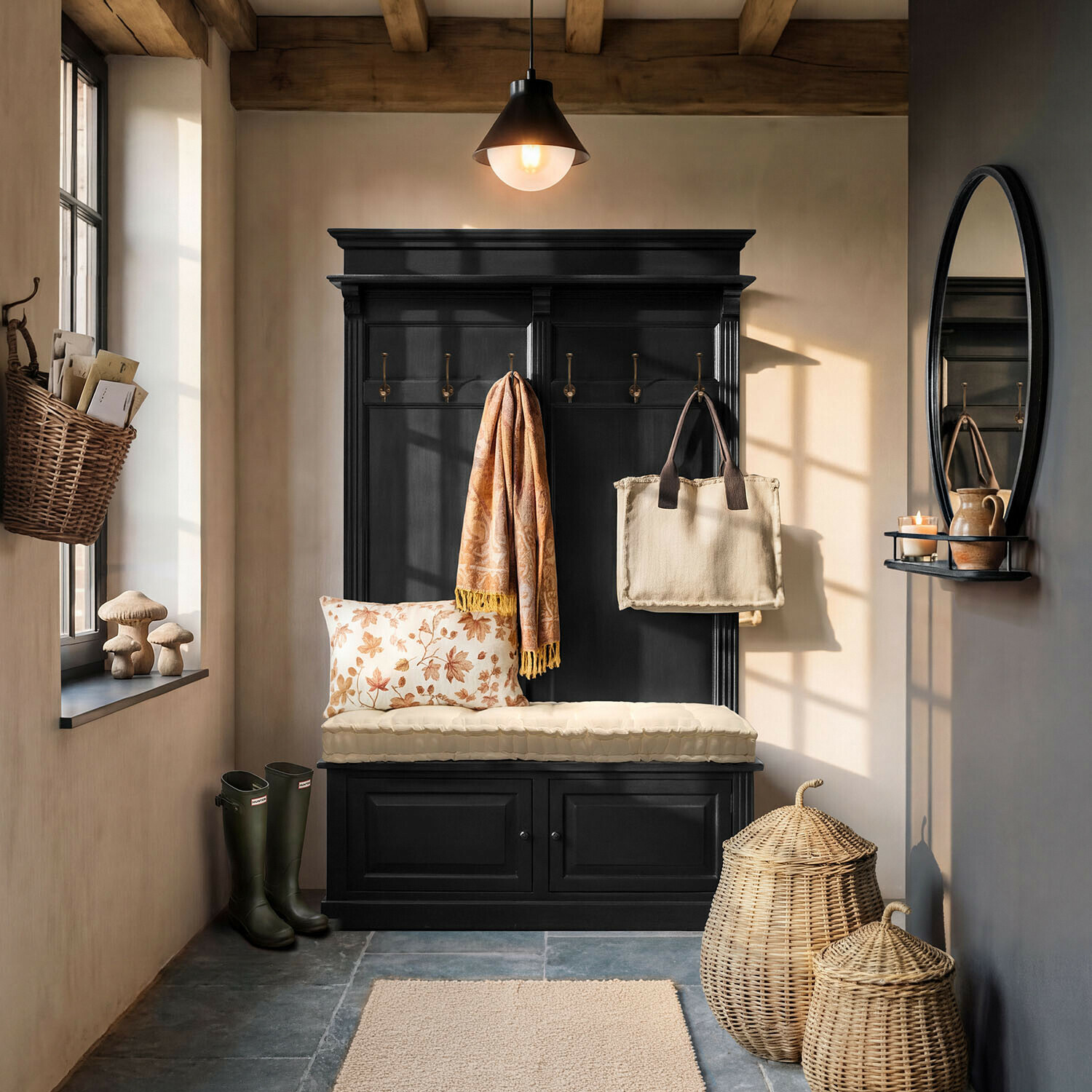 Garderobe Eldwin Schwarzer Holz-Garderobenschrank mit Sitzkissen und Haken in gemütlichem Flur mit Naturdeko