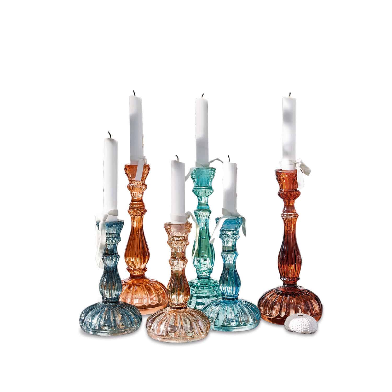 Kerzenständer 6er Set Indre Buntes Set aus Glas-Kerzenhaltern mit weißen Kerzen, Vintage-Dekoration für Zuhause